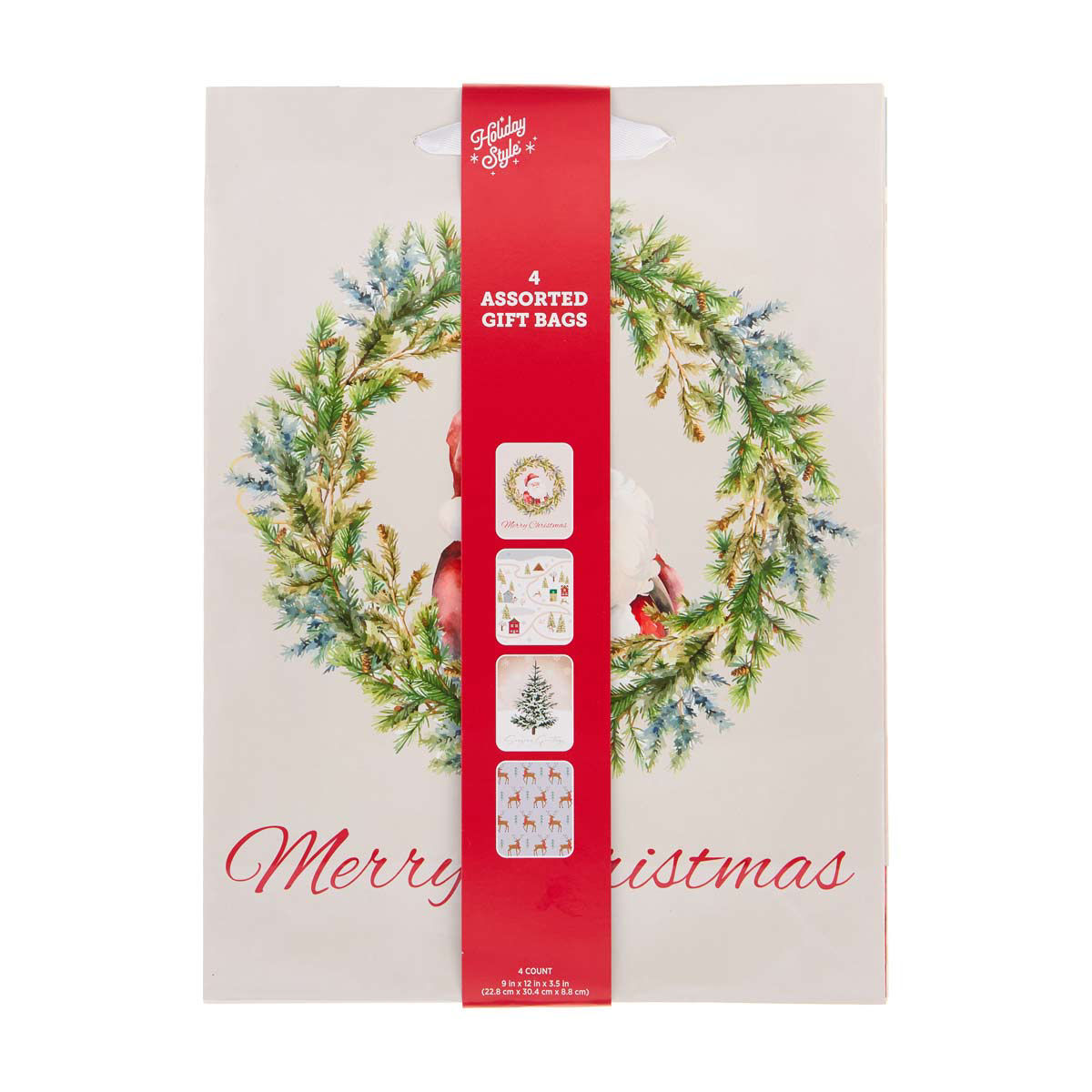 Holiday Style Christmas Santa and Deer Print Large Gift Bags. 4 ct
