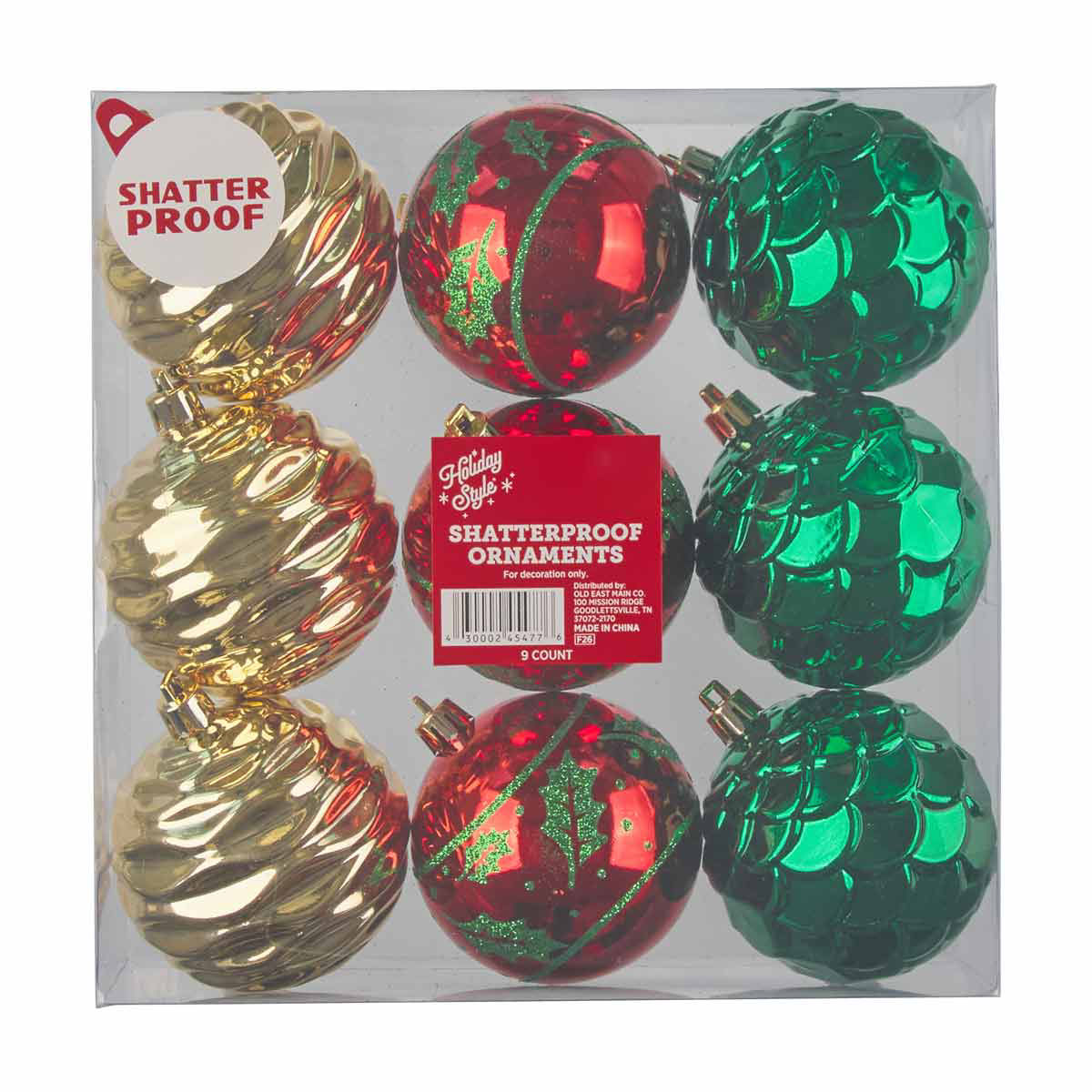 Holiday Style Gold, Red & Green Shatterproof Ornaments with Leaf Accents, 9 ct