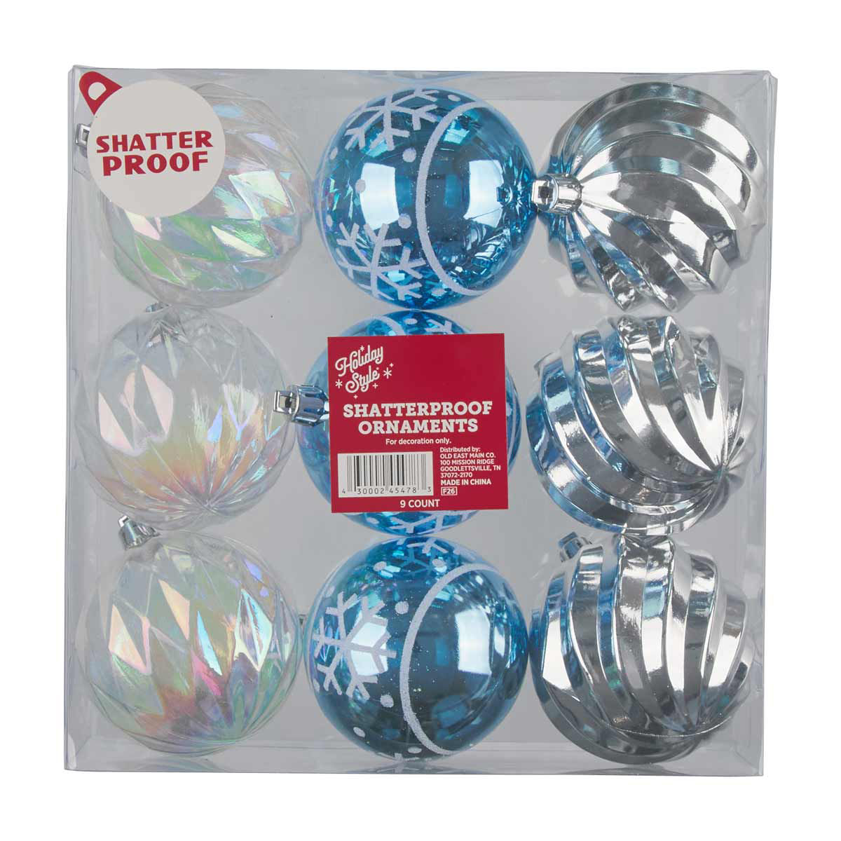 Holiday Style Blue, Clear & Silver Shatterproof Ornaments, 9 ct