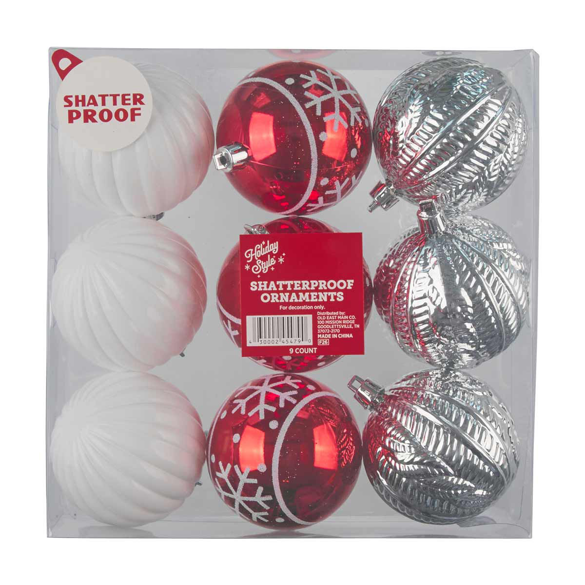 Holiday Style Red, White & Silver Shatterproof Ornaments, 9 ct
