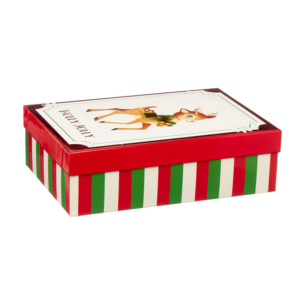 Hot Stamped Striped Gift Box with Festive Deer Design, Medium