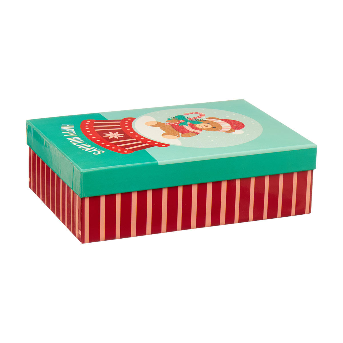 Hot Stamped Striped Gift Box with Santa Bear Design, Medium