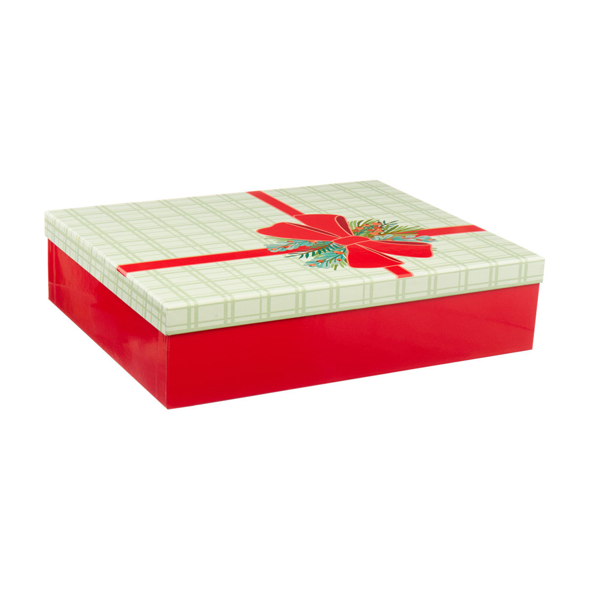 Christmas Green Plaid Gift Box with Red Bow & Greenery, X-Large