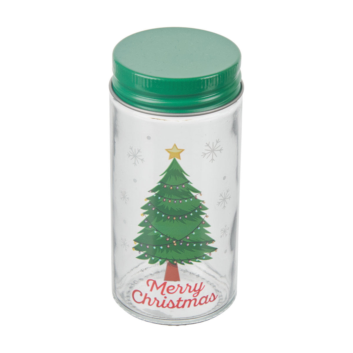 Christmas Tree & Snowflake Print Glass Spice Jar with Green Lid