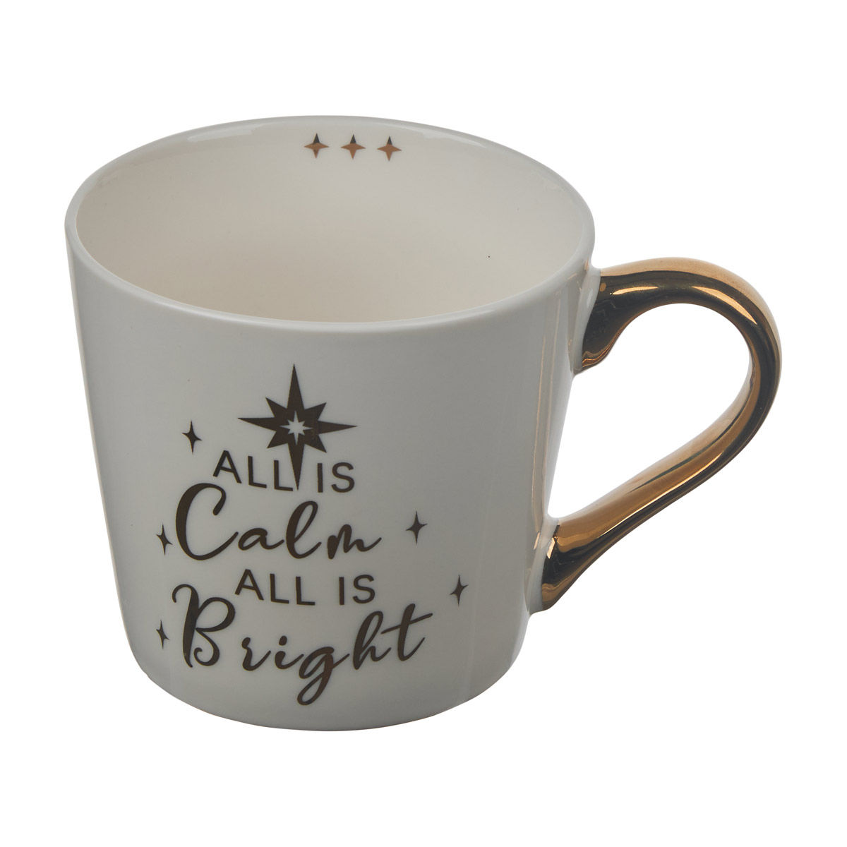 Christmas White "All Is Calm, All Is Bright" Mug with Gold Handle, 16 oz