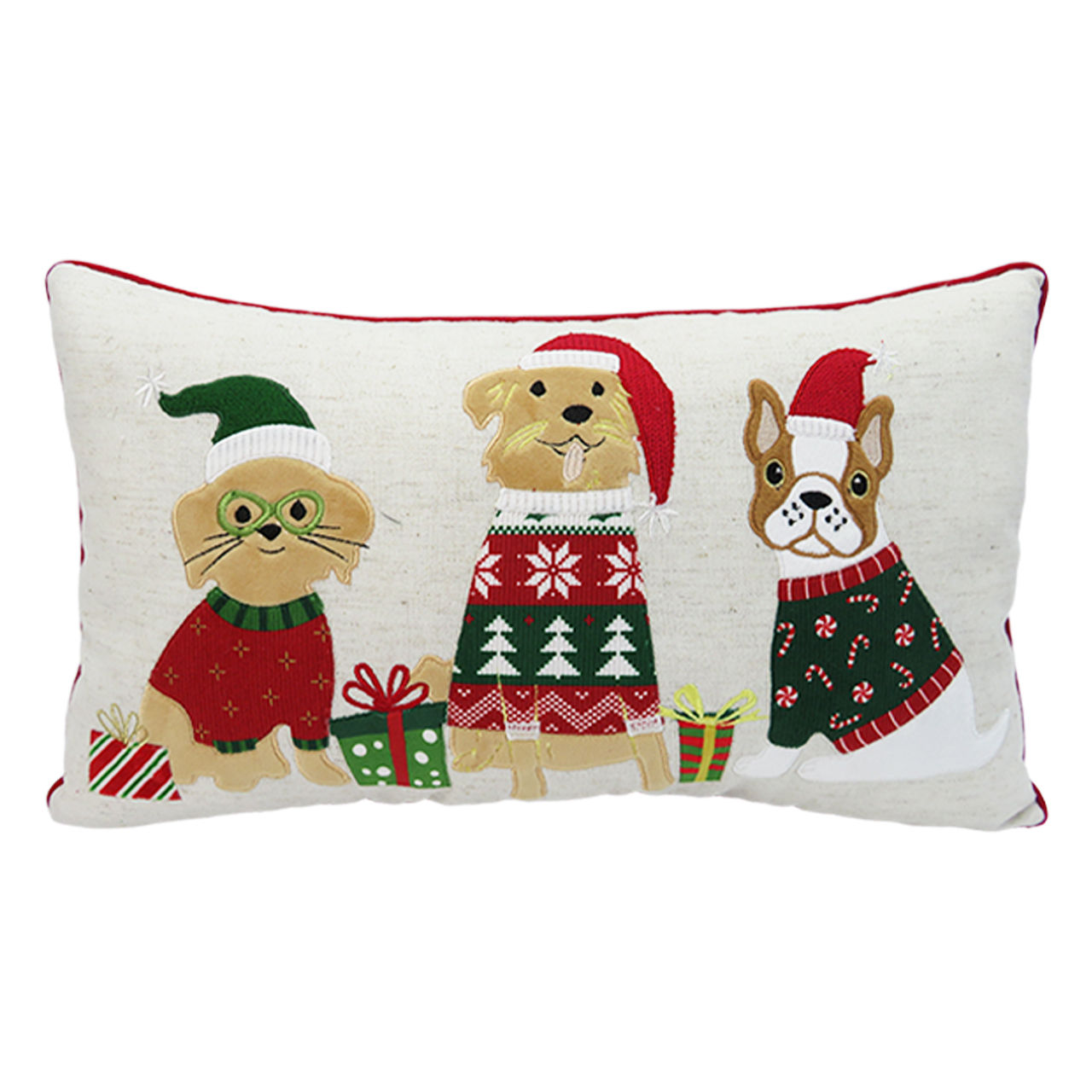 Christmas Sweater Dogs Pillow with Red Piping Border