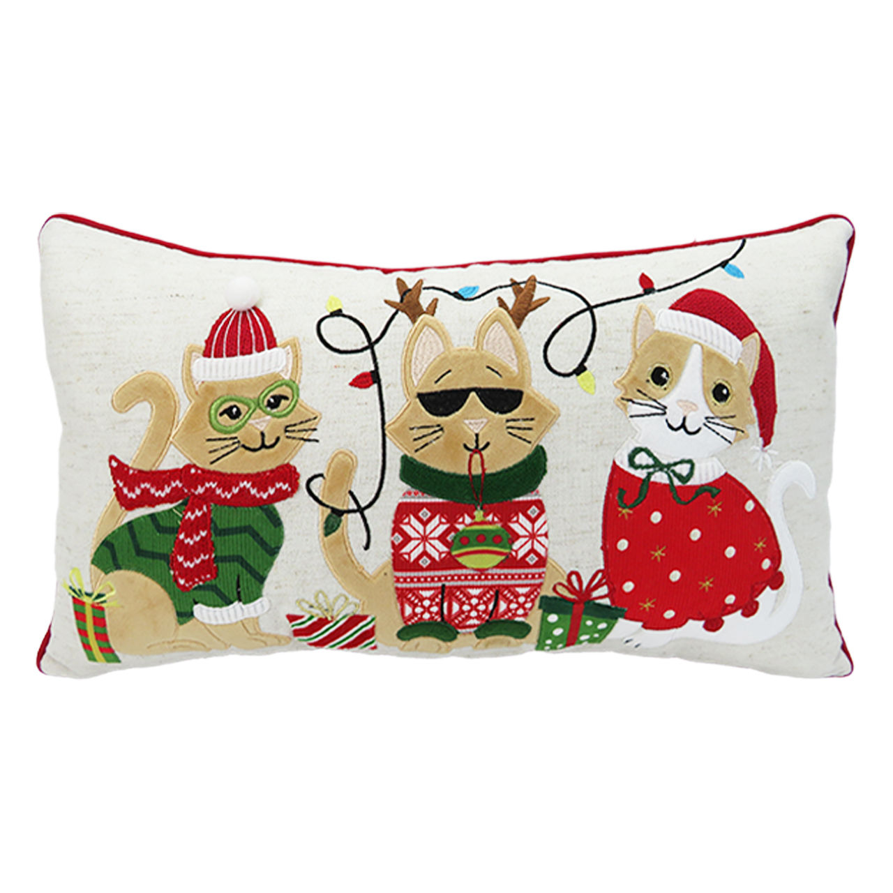 Christmas Sweater Cats Pillow with Red Piping Border