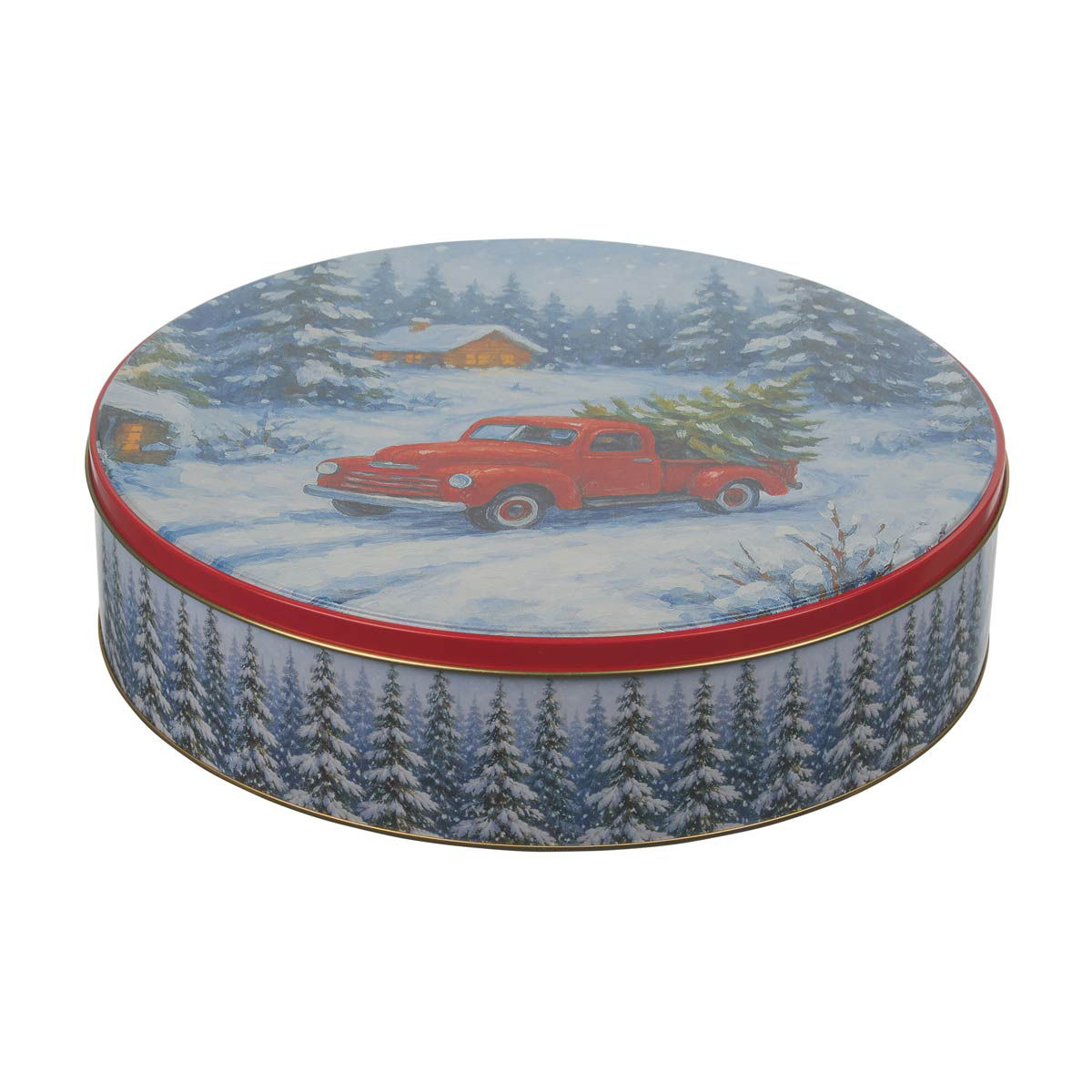 Christmas Truck Print Round Storage Tin, XXL