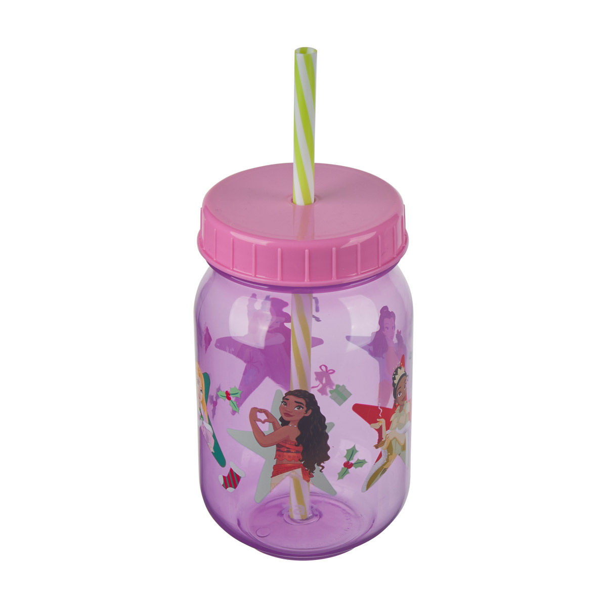 Disney Princess Christmas Plastic Jar with Straw, 18 oz