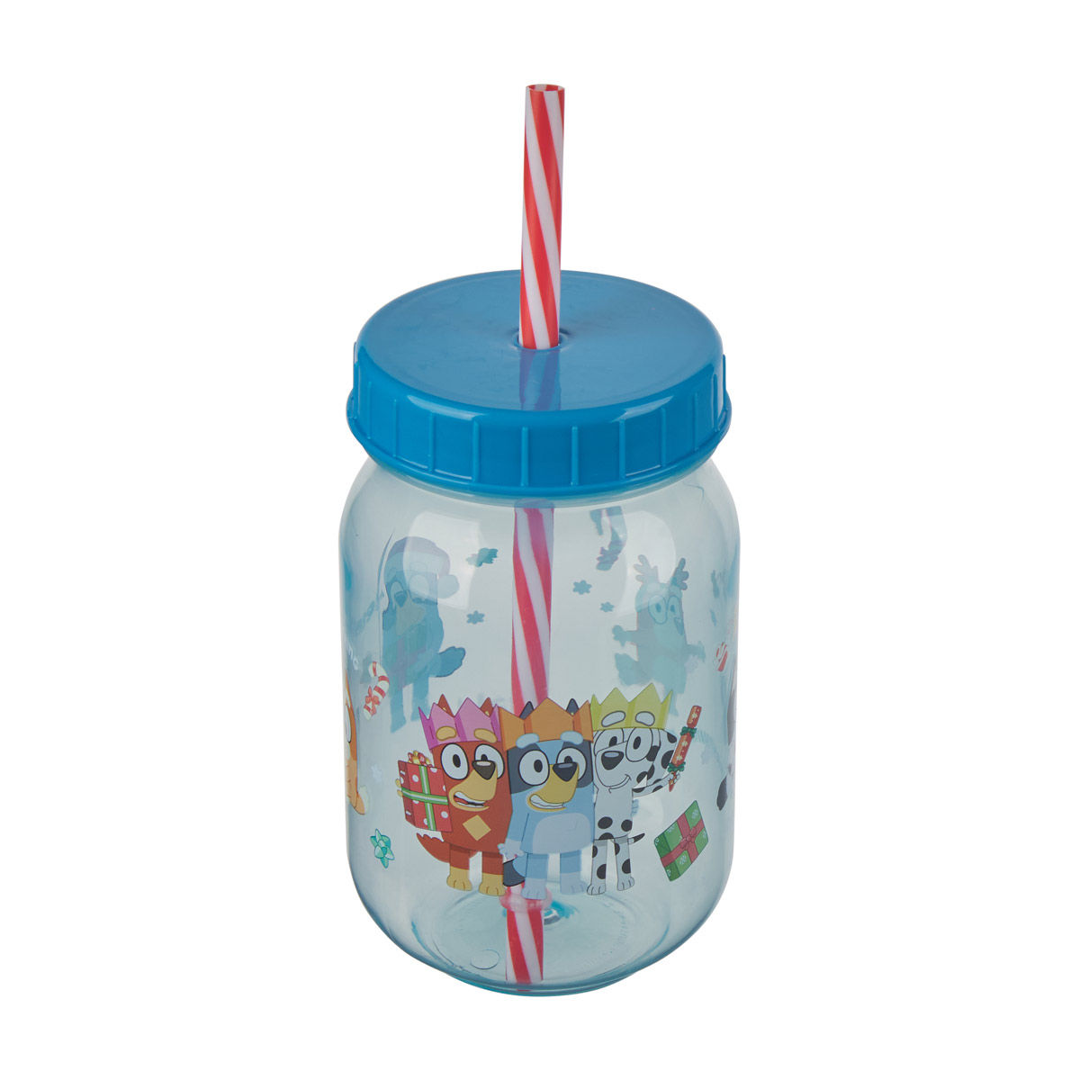 Christmas Bluey Print Plastic Jar Tumbler with Straw, 18 oz