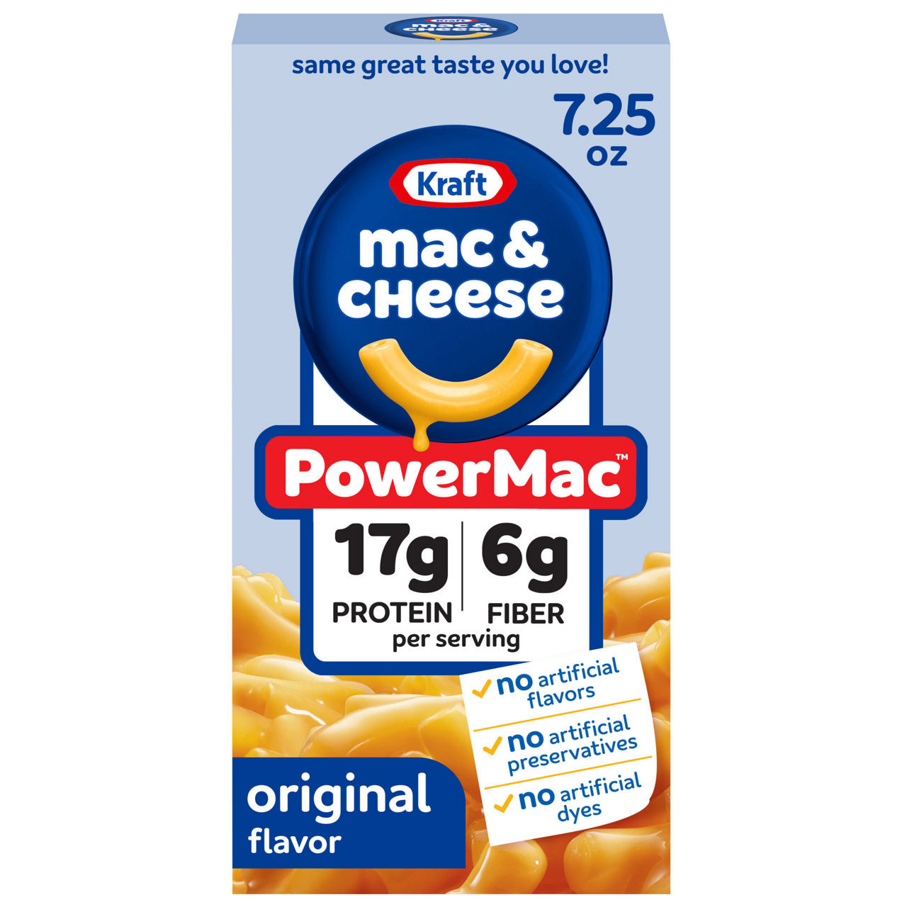 Kraft PowerMac Mac and Cheese, 1 Box, for Protein Easy Dinners or Dinner Sides, Original Flavor, 17g Protein and 6g of Fiber per Serving, No Artificial Flavors, Preservatives or Dyes, 7.25 oz