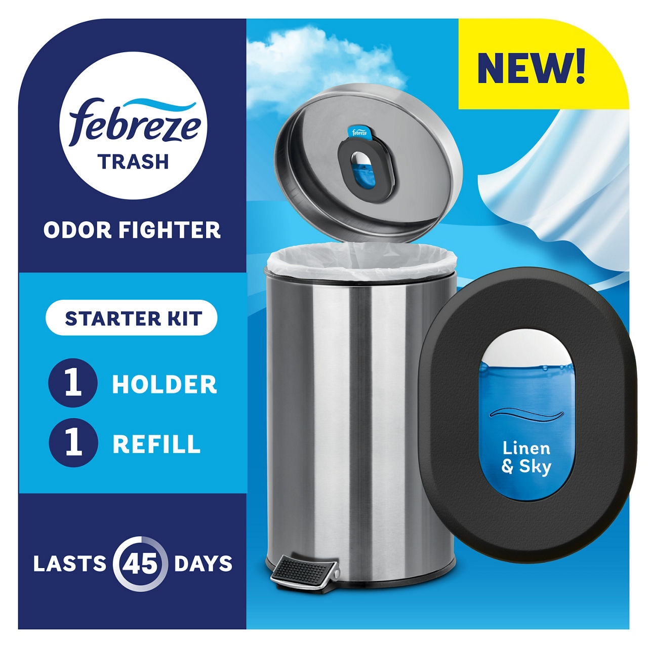 Febreze Trash Odor Fighter, Trash Can Air Freshener, Linen & Sky Scent, 1 Holder + 1 Refill