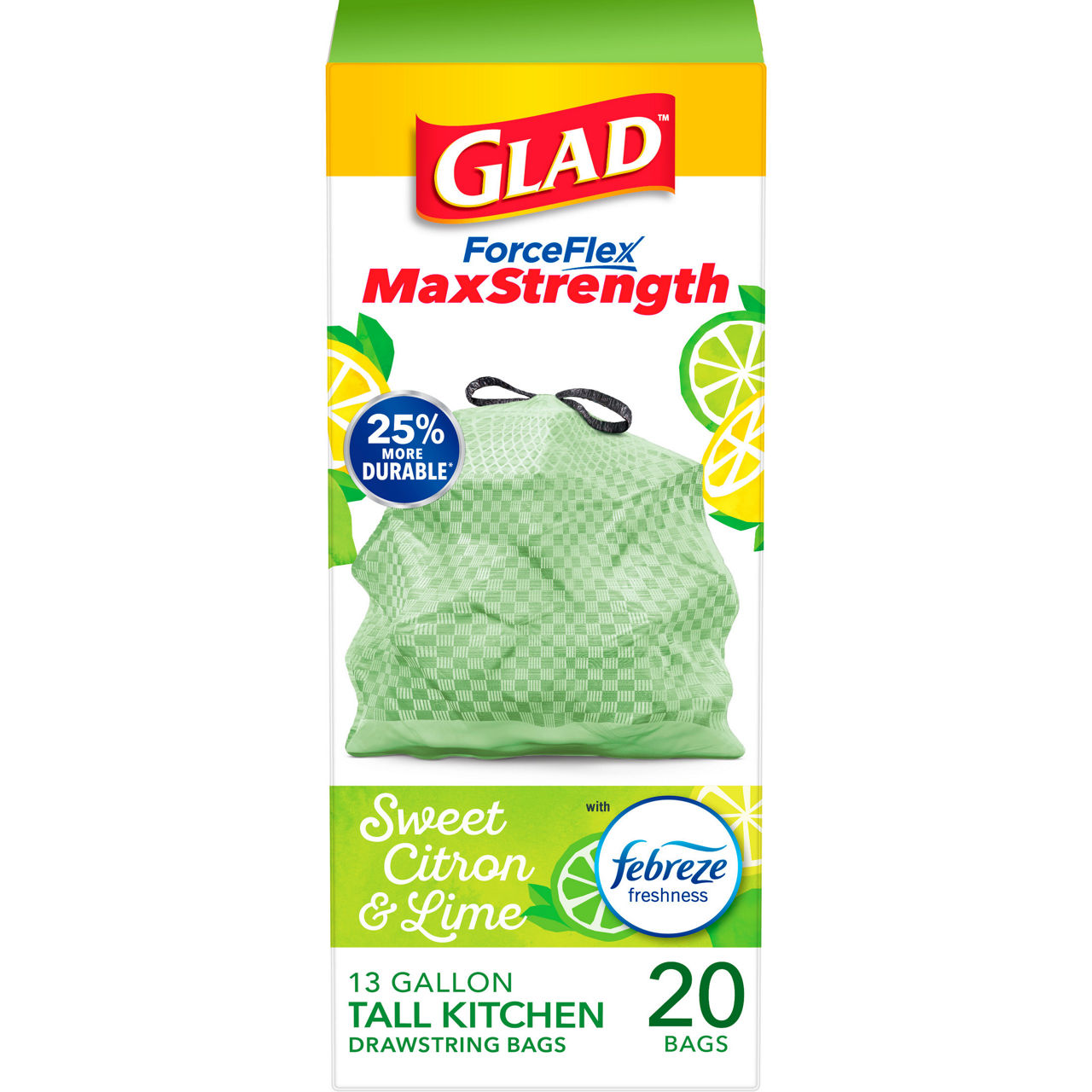 Glad ForceFlex MaxStrength Kitchen Drawstring Trash Bags, 13 Gallon Sweet Citron and Lime, 20 Count