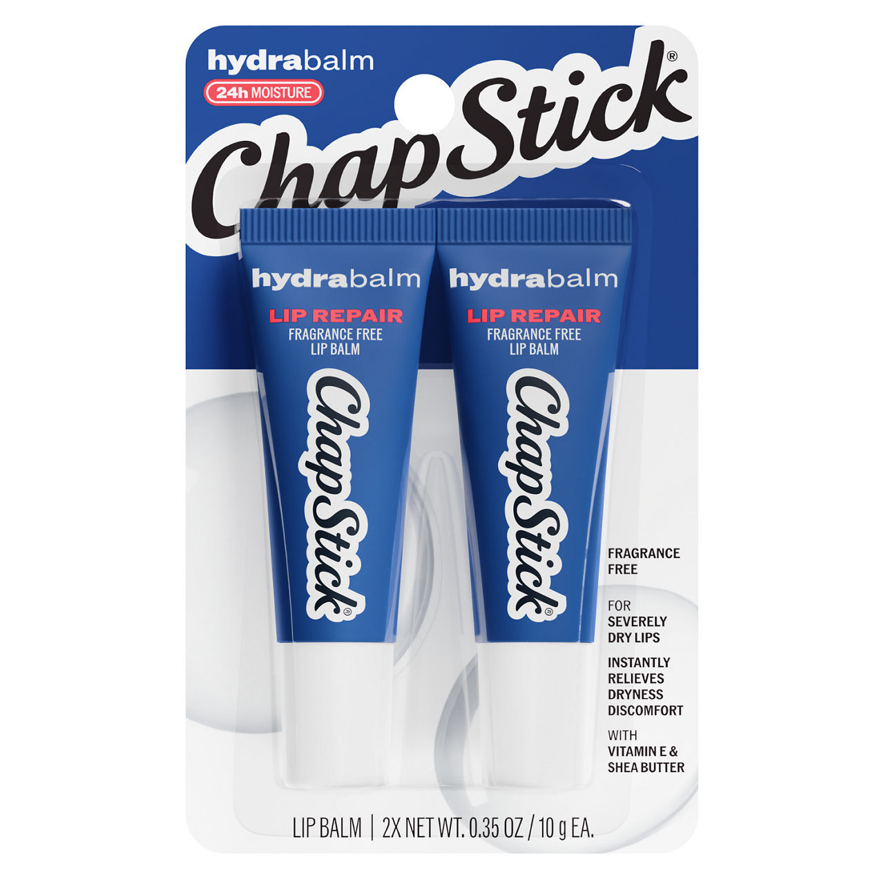 ChapStick HydraBalm Lip Balm Tubes, Fragrance Free, 2-Count Pack, 0.35 oz Each