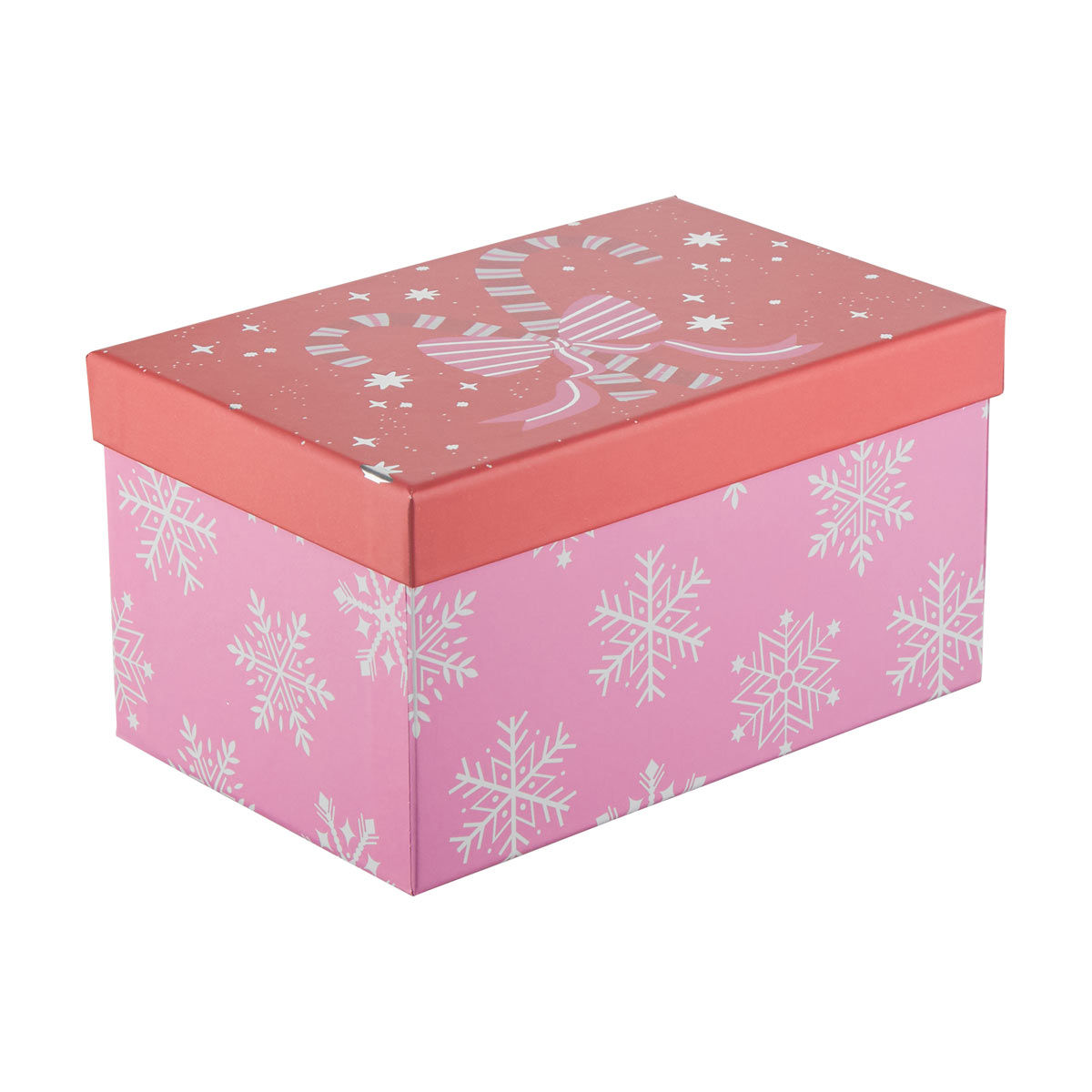 Christmas Candy Cane Bow Pink Snowflake Nested Rectangular Gift Box, Small
