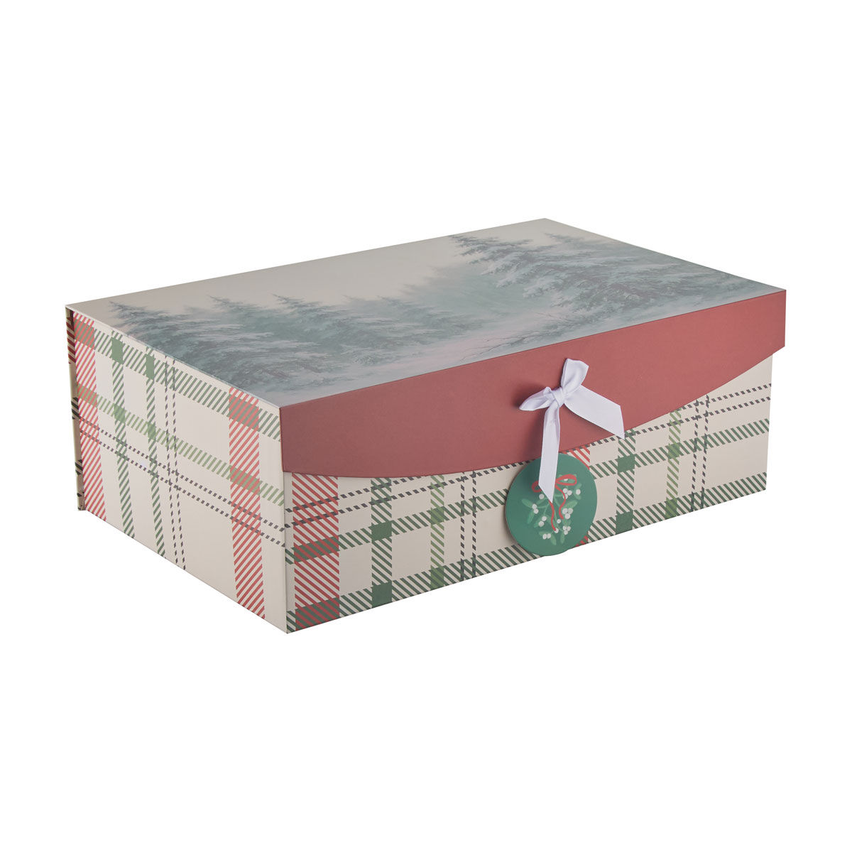 Christmas Traditional Plaid Winter Pine Tree Ribbon Flip-Top Gift Box, Large