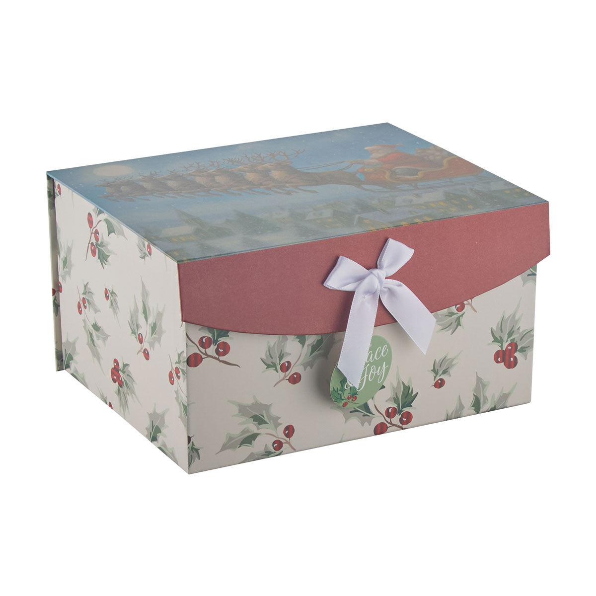 Christmas Traditional Holly & Santa Sleigh Ribbon Flip-Top Gift Box, Medium