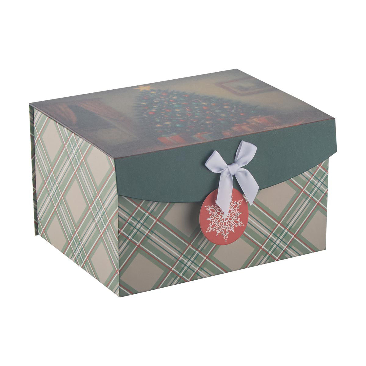 Christmas Traditional Plaid Cozy Cabin Scene Ribbon Flip-Top Gift Box, Small