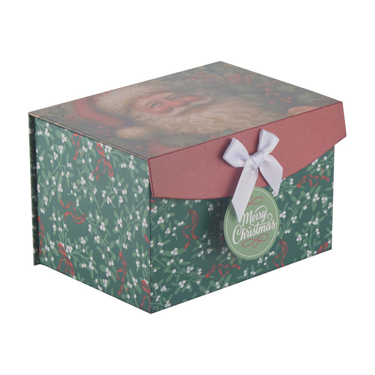 Christmas Traditional Mistletoe & Santa Face Ribbon Flip-Top Gift Box, X-Small