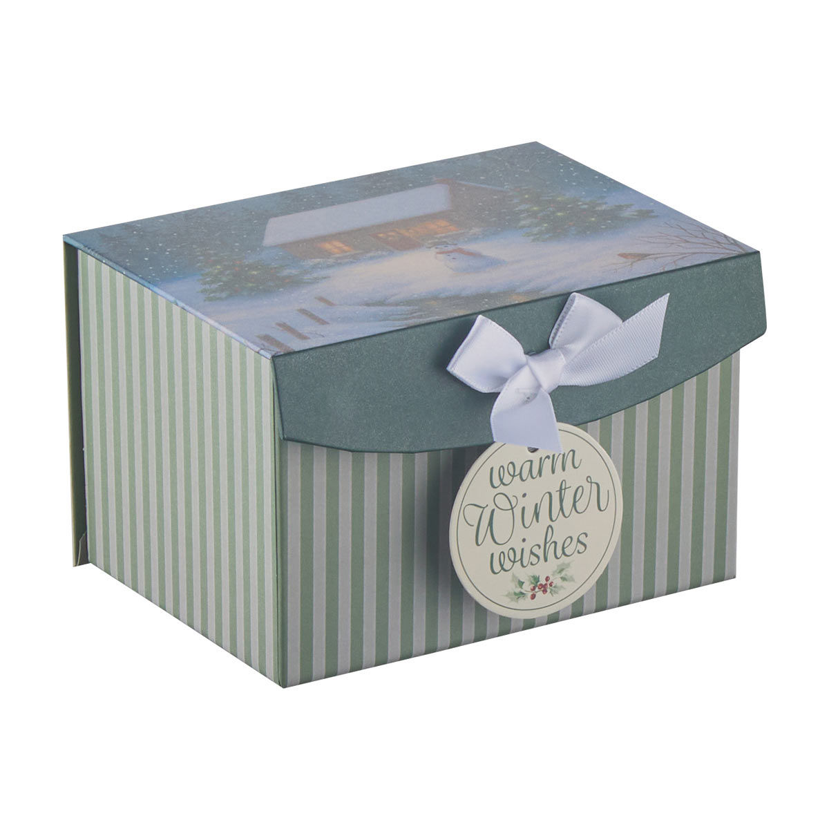 Christmas Traditional Snowy Cabin Scene Ribbon Flip-Top Gift Box, 2XS