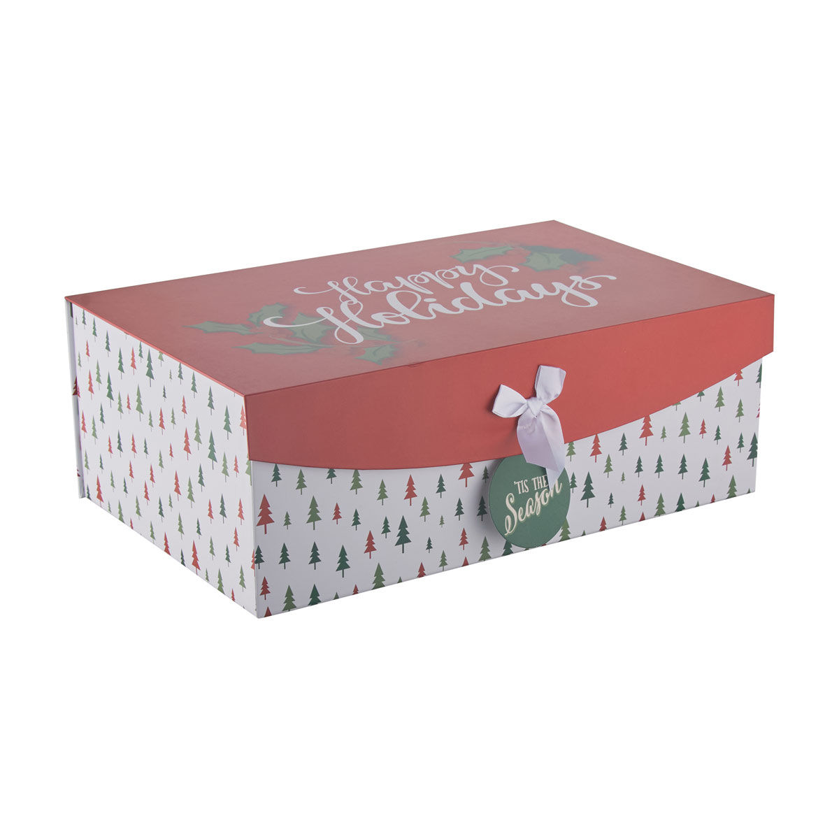 Christmas Novelty Happy Holidays Tree Print Ribbon Flip-Top Gift Box, Large