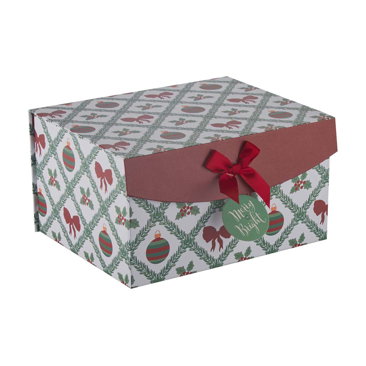 Christmas Novelty Ornament & Bow Print Ribbon Flip-Top Gift Box, Medium