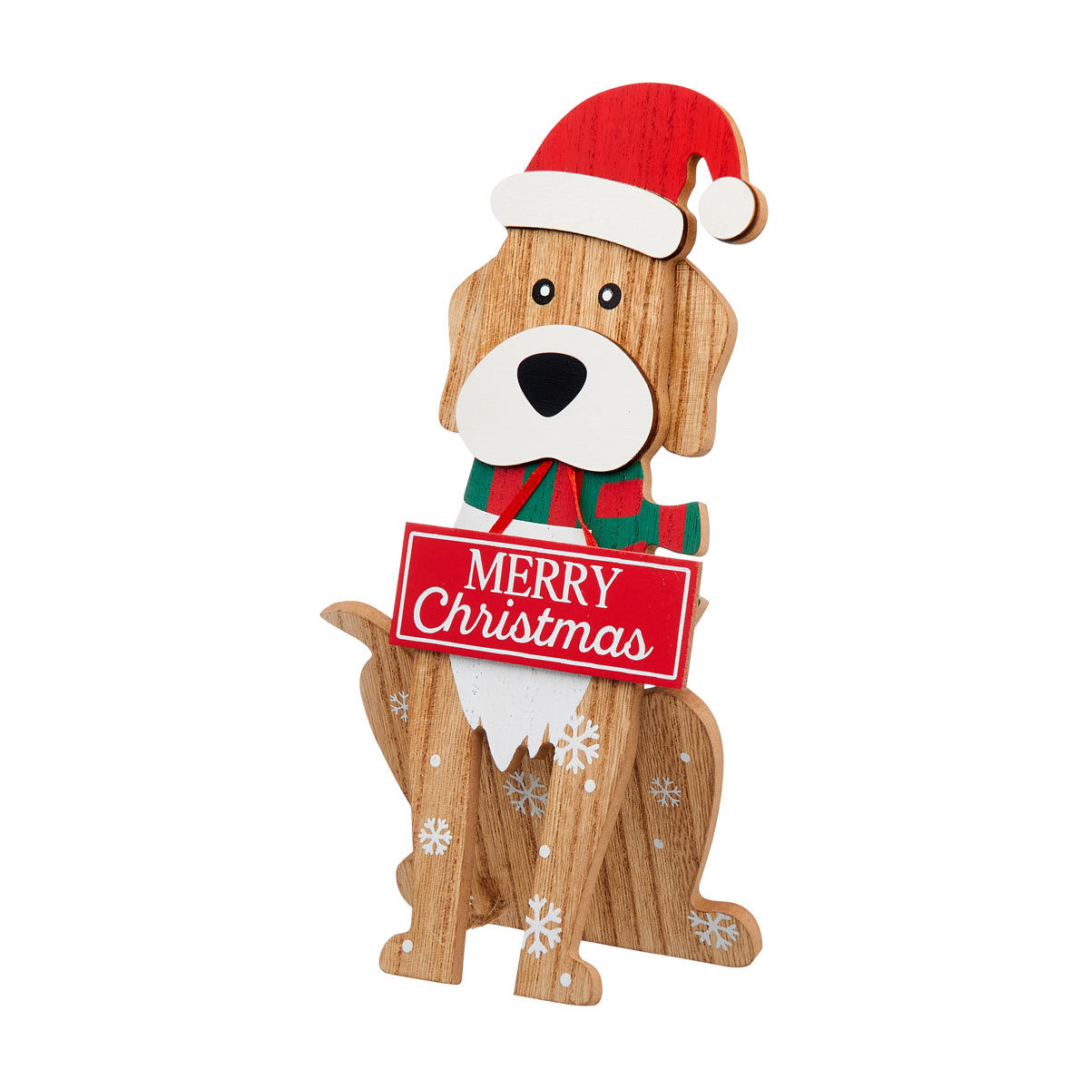 Christmas Natural Wood Dog with 'Merry Christmas' Sign Tabletop Décor