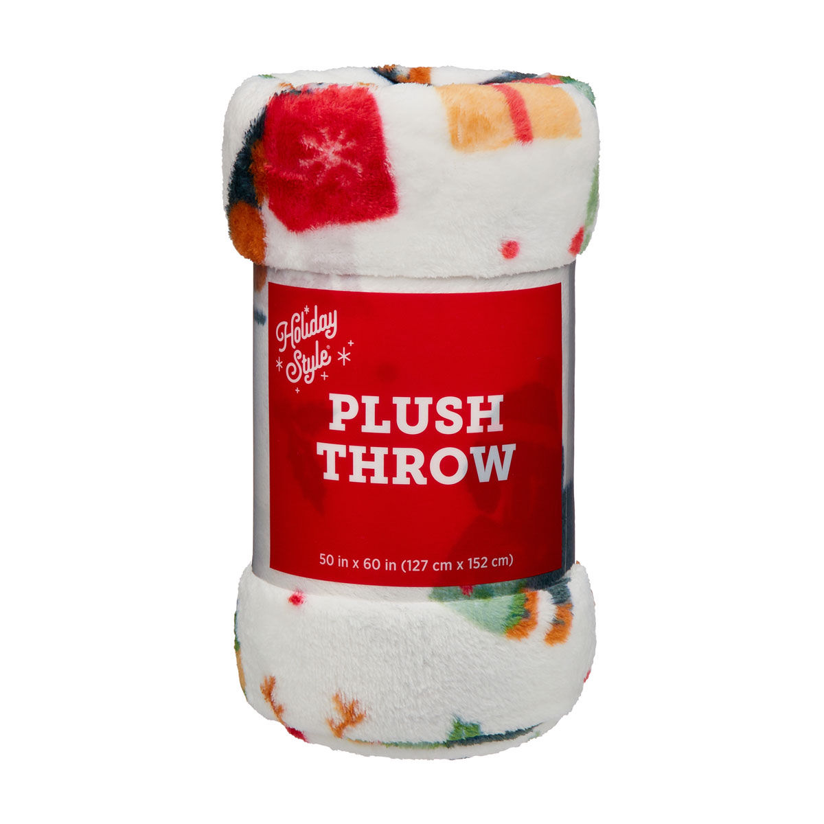 Holiday Style Christmas White Multicolor Print Plush Throw Blanket, 50x60 in