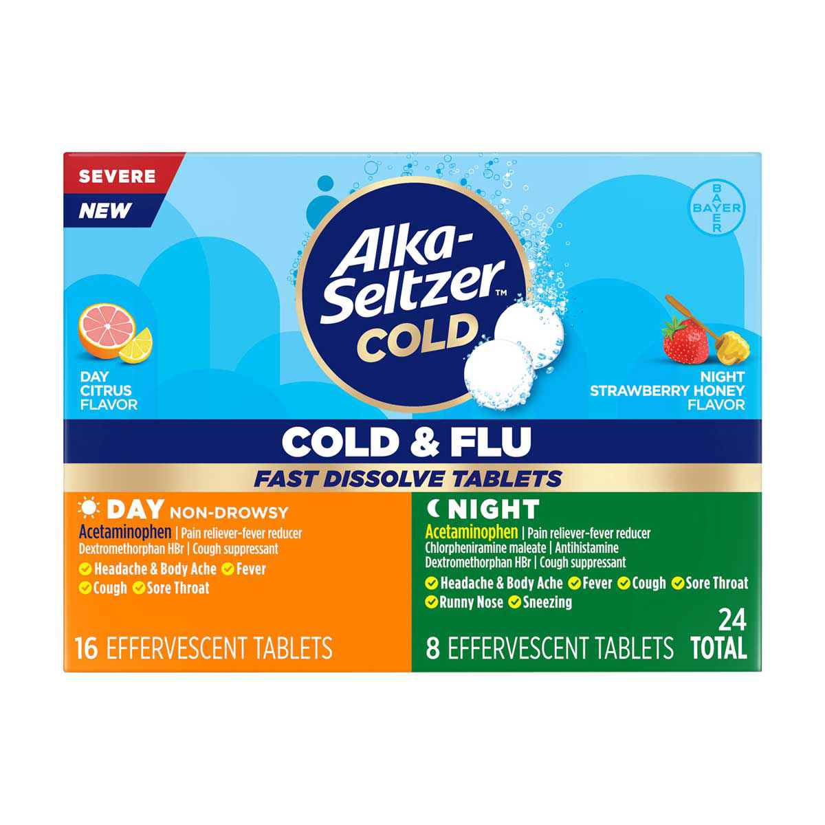 Alka-Seltzer Cold & Flu Day & Night Fast Dissolve Effervescent Tablets, 24 Count