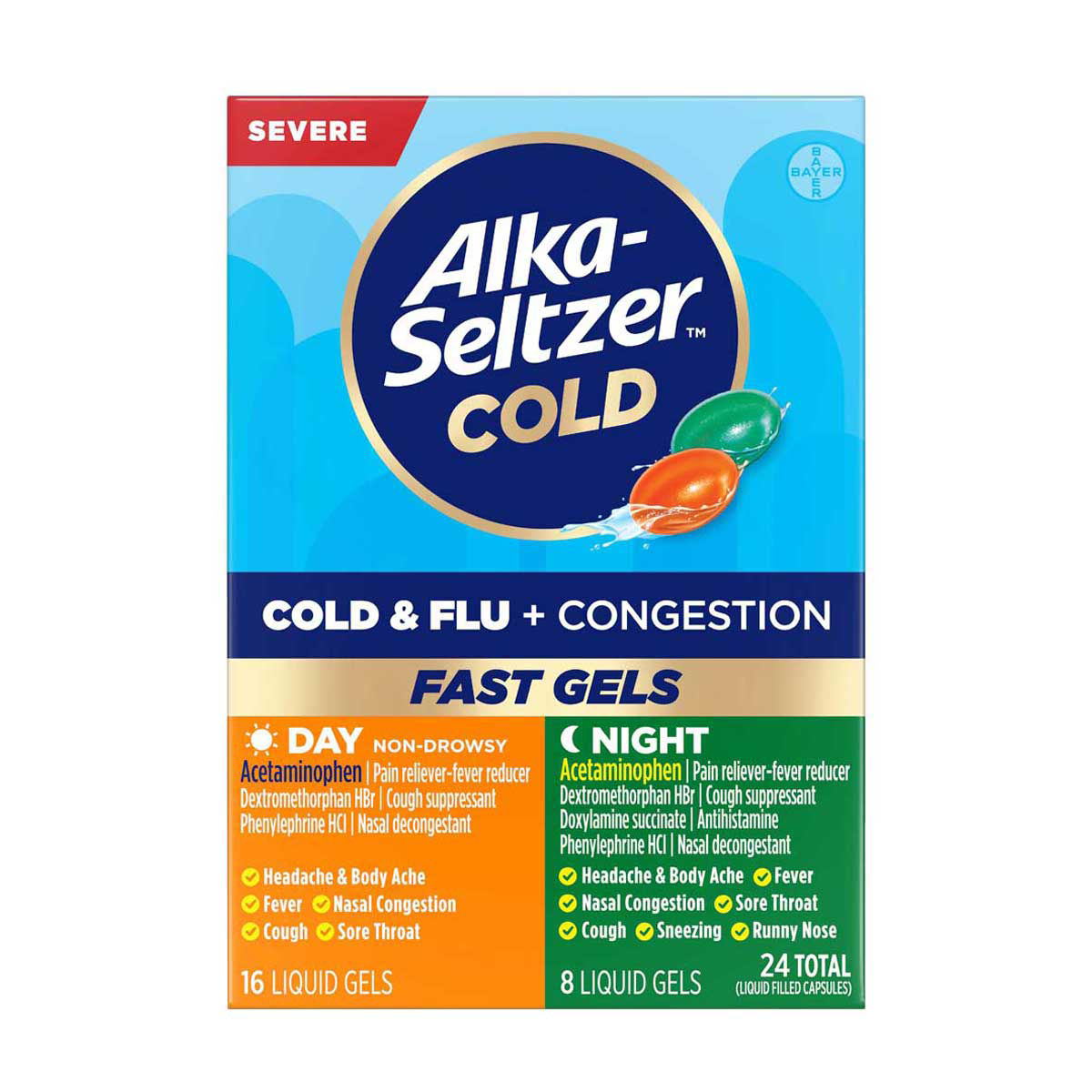Alka-Seltzer Plus Cold & Flu + Congestion Severe Day & Night Fast Gels, 24 ct