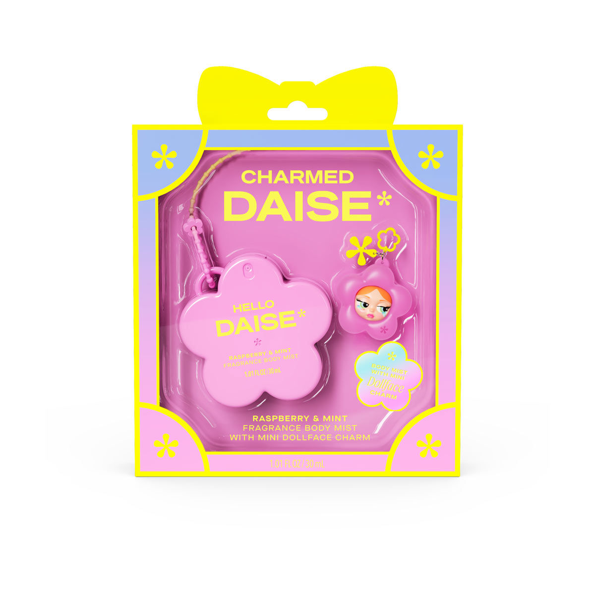 Hello DAISE Mini Fragrance Body Mist with Mini Dollface Charm in Raspberry & Mint, 1.01 FL OZ / 30 mL