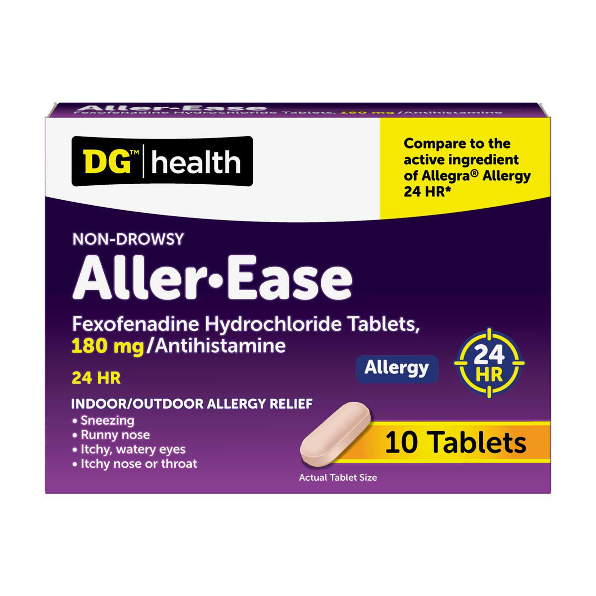 DG Health All Day Allergy Relief, Fexofenadine Hydrochloride Tablets, 180 mg, Non-Drowsy Antihistamine, 24-Hour Relief, 10 ct