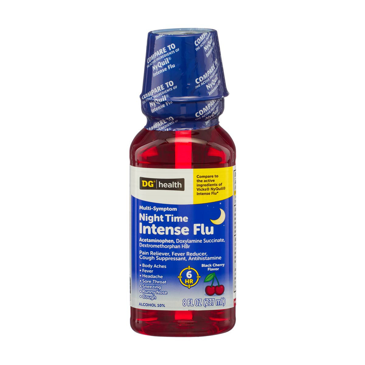 DG Health Multi-Symptom Night Time Intense Flu Black Cherry Flavor Liquid, 8 fl oz