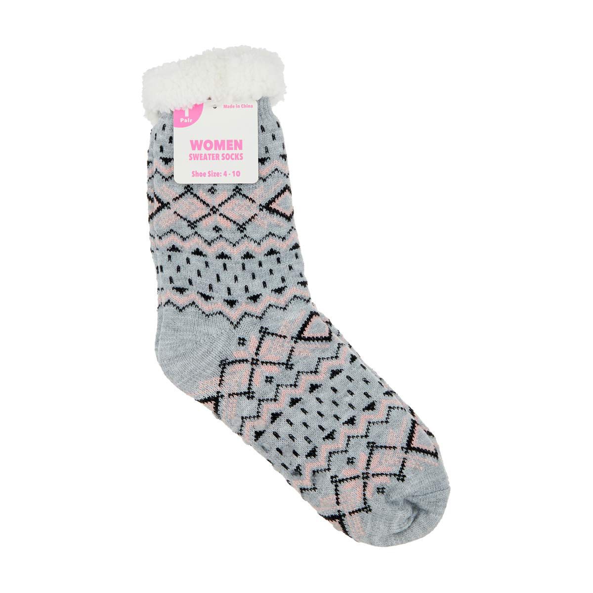 Women's Gray Fair Isle Sherpa-Lined Sweater Socks, Shoe Size 4-10