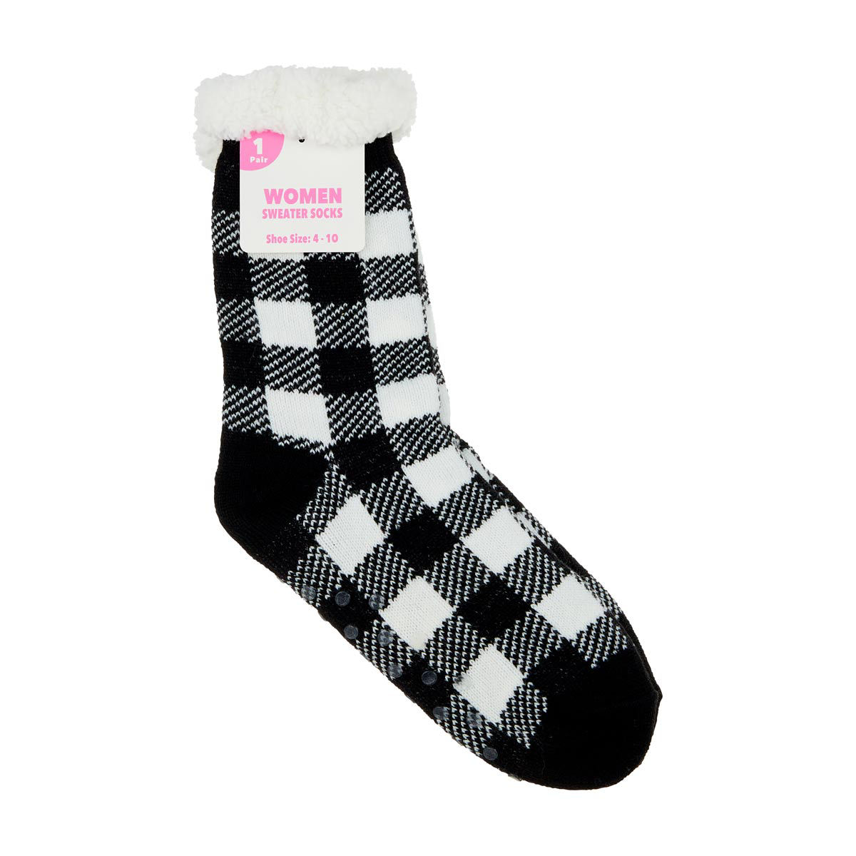 Women's Black & White Buffalo Plaid Sherpa-Lined Sweater Socks, Shoe Size 4-10