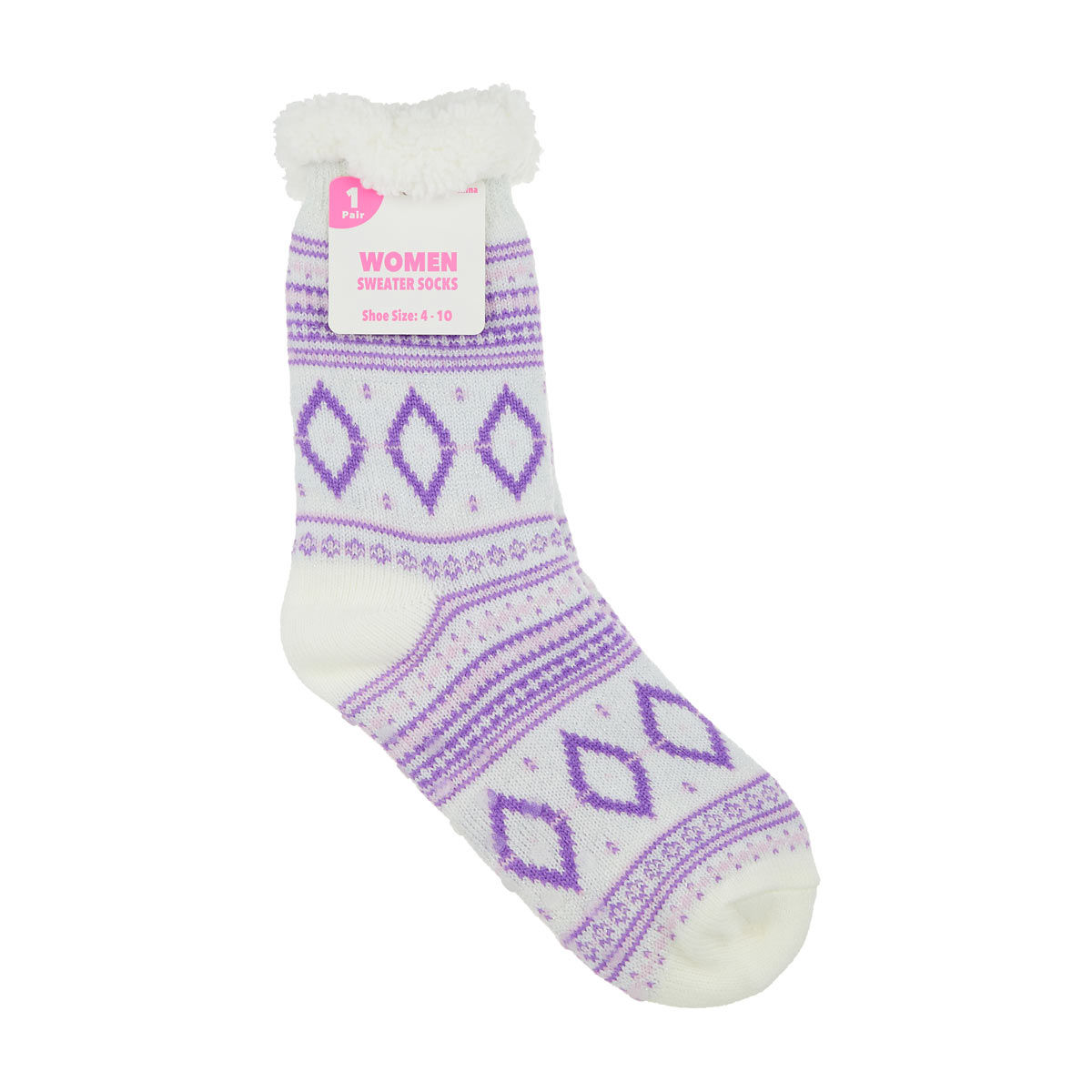 Women's White & Purple Fair Isle Sherpa-Lined Sweater Socks, Shoe Size 4-10