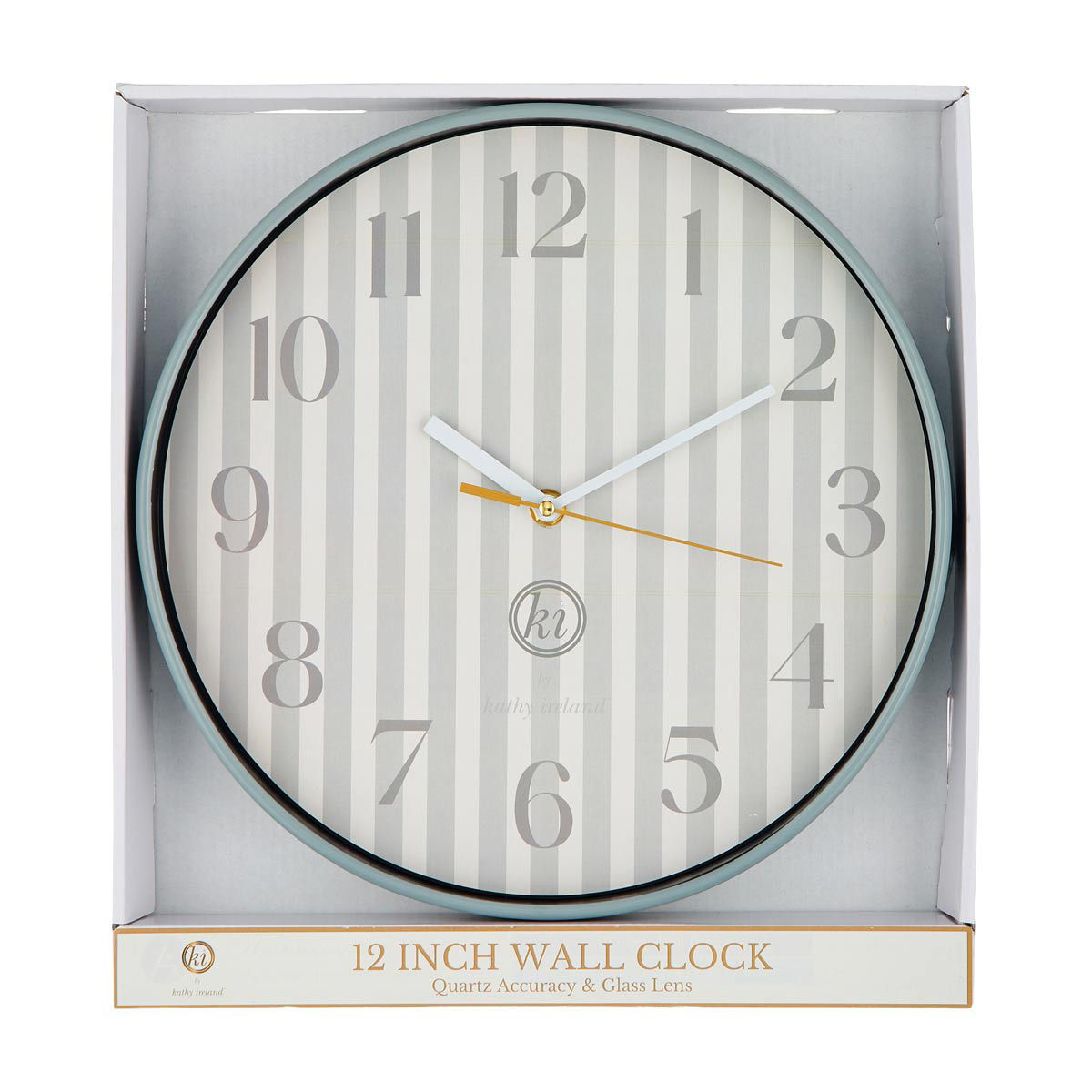Kathy Ireland Grey Stripe Round Quartz Wall Clock, 12 in
