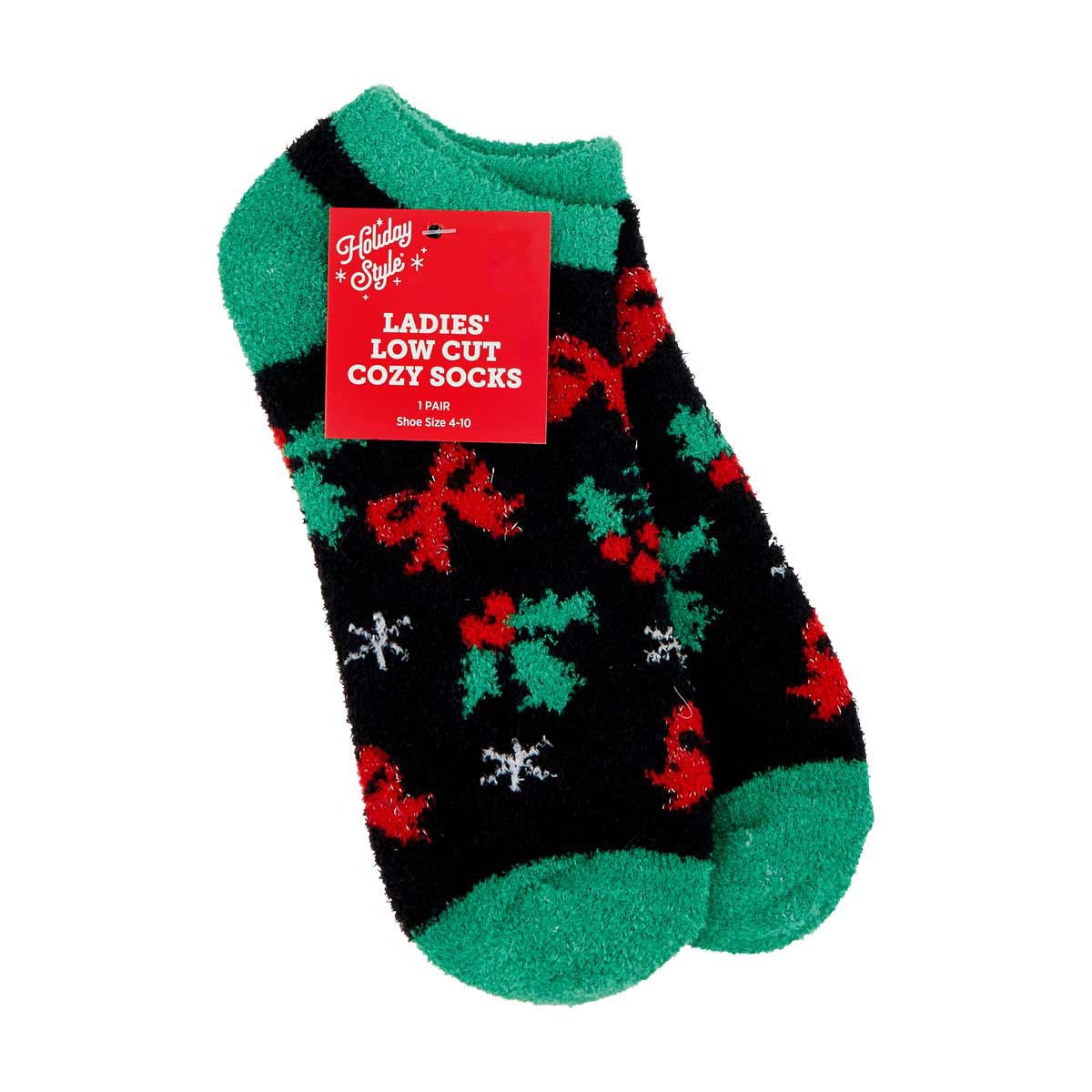 Holiday-Style-Ladies'-Bow-&-Holly-Low-Cut-Cozy-Socks