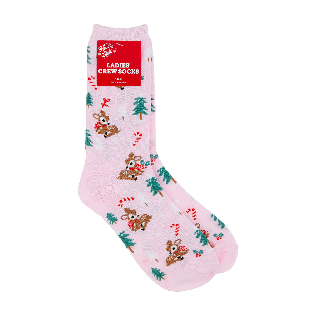 Holiday Style Ladies' Christmas Deer Pink Crew Socks