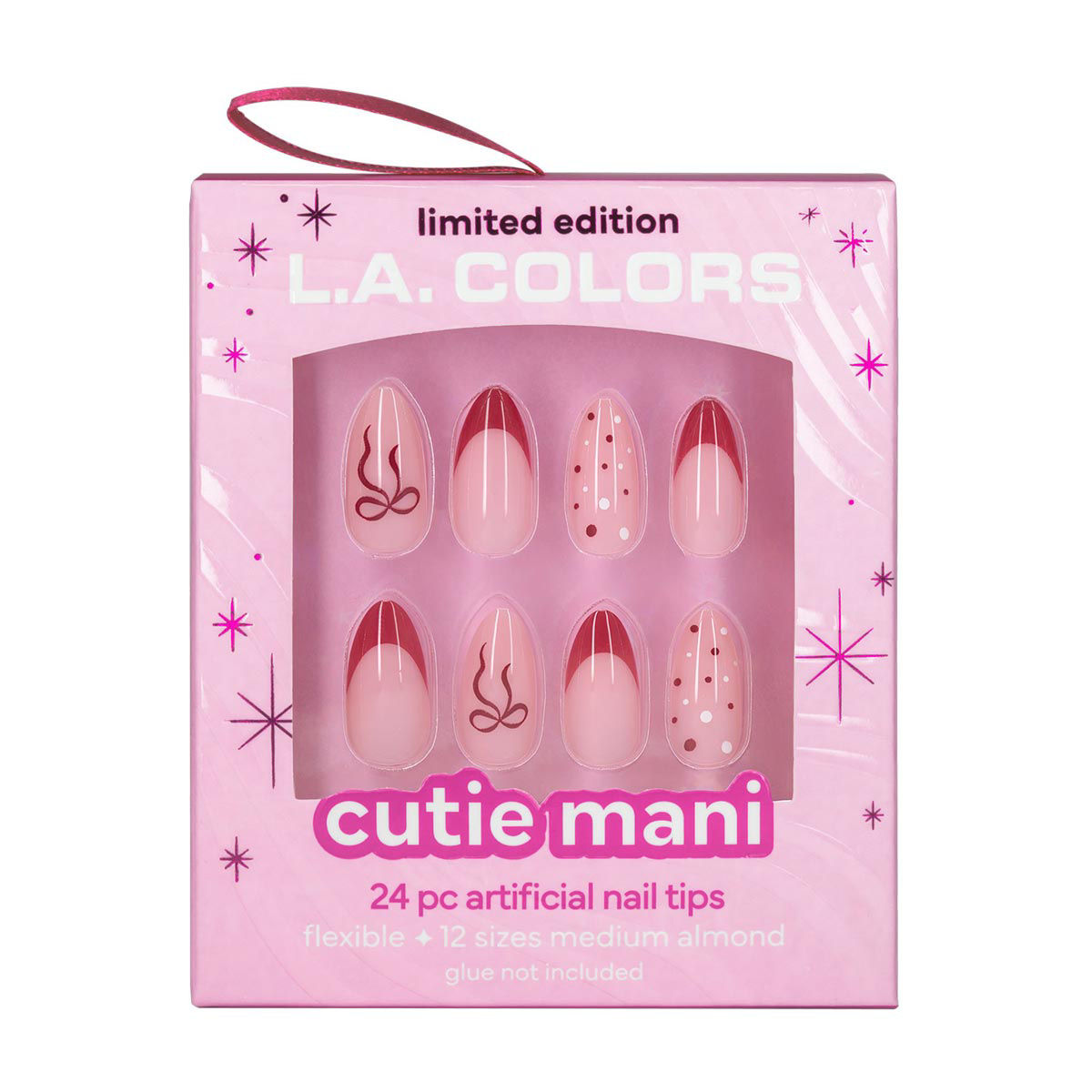 L.A. Colors Cutie Mani Pink Bow Design Artificial Nail Tips, Medium Almond, 24 p