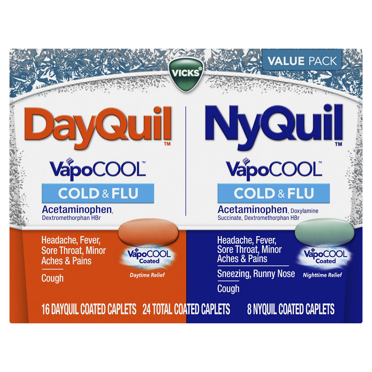 Vicks DayQuil & NyQuil VapoCOOL Cold & Flu Coated Caplets, Over-the-Counter Medicine Value Pack, Powerful Relief for Headache, Fever, Sore Throat, Minor Aches and Pains, and Cough, 24 Count