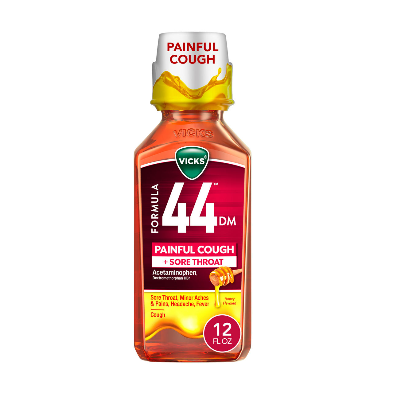 Vicks Formula 44 DM Painful Cough + Sore Throat Liquid, Day or Night, Cough Syrup, Powerful Painful Cough and Sore Throat Relief, Honey Flavored, Adult Cough Medicine, 12 FL OZ