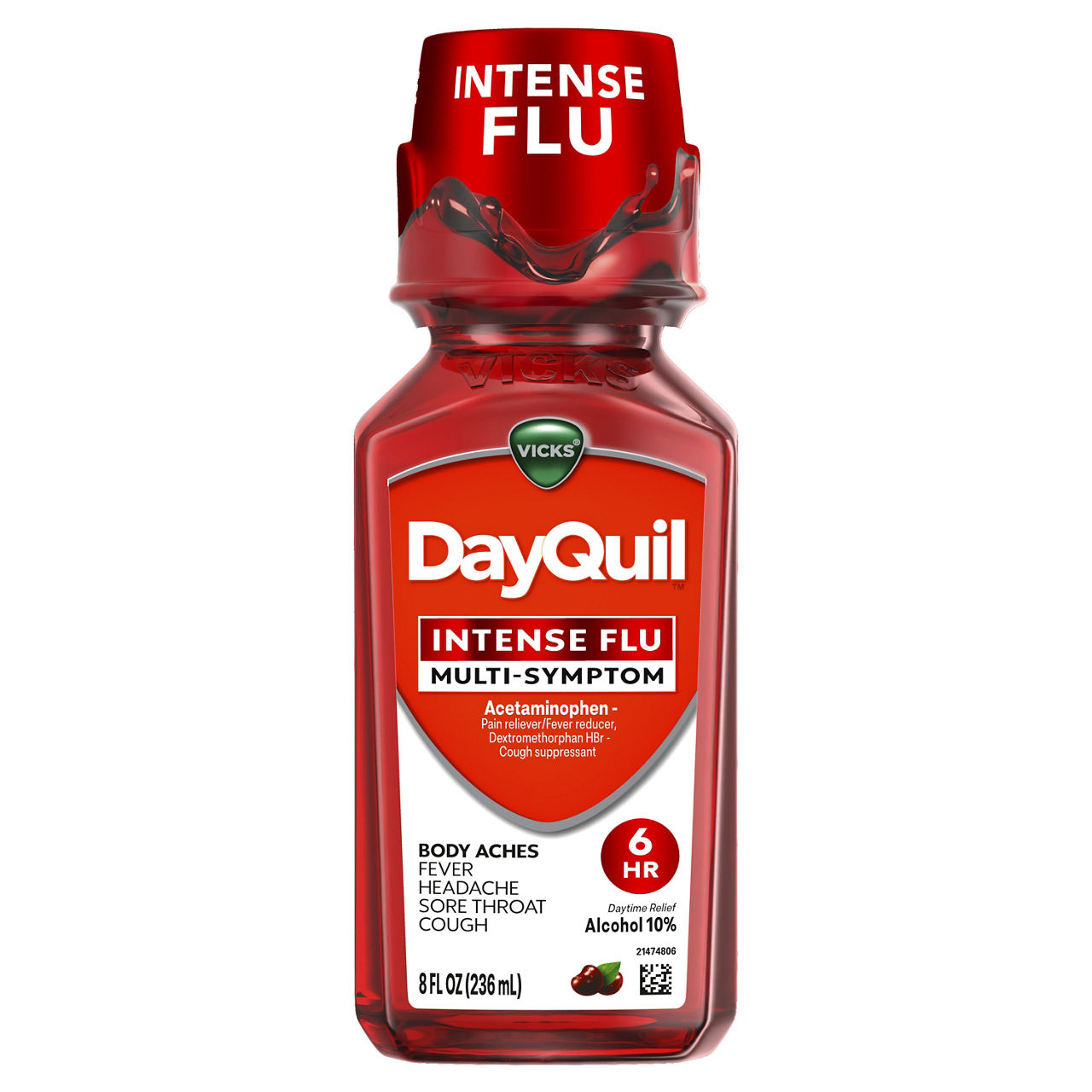 Vicks DayQuil Intense Flu Liquid, Over-the-Counter Medicine, Multi-Symptom, Powerful Daytime Relief for Body Aches, Fever, Headache, Sore Throat, and Cough, 6 Hour Relief, Cherry Flavor, 8 FL OZ