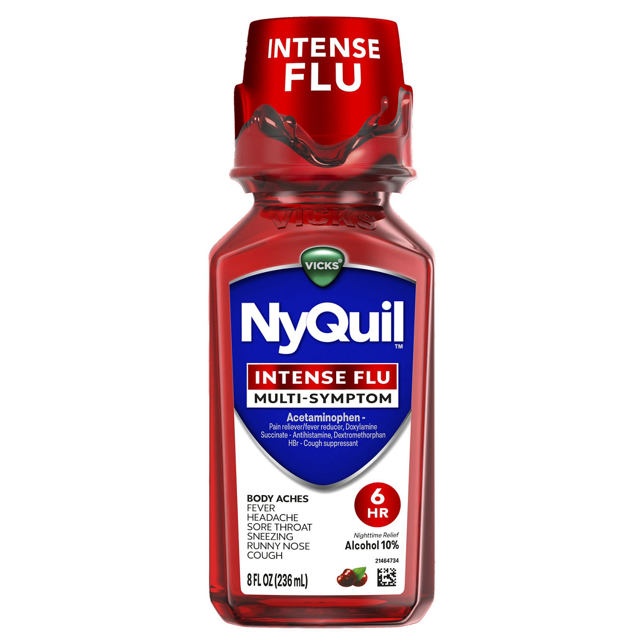 Vicks NyQuil Intense Flu Liquid, Over-the-Counter, Multi-Symptom, Nighttime Relief for Body Aches, Fever, Headache, Sore Throat, Sneezing, Runny Nose, and Cough, 6 Hour Relief, Cherry Flavor, 8 FL OZ