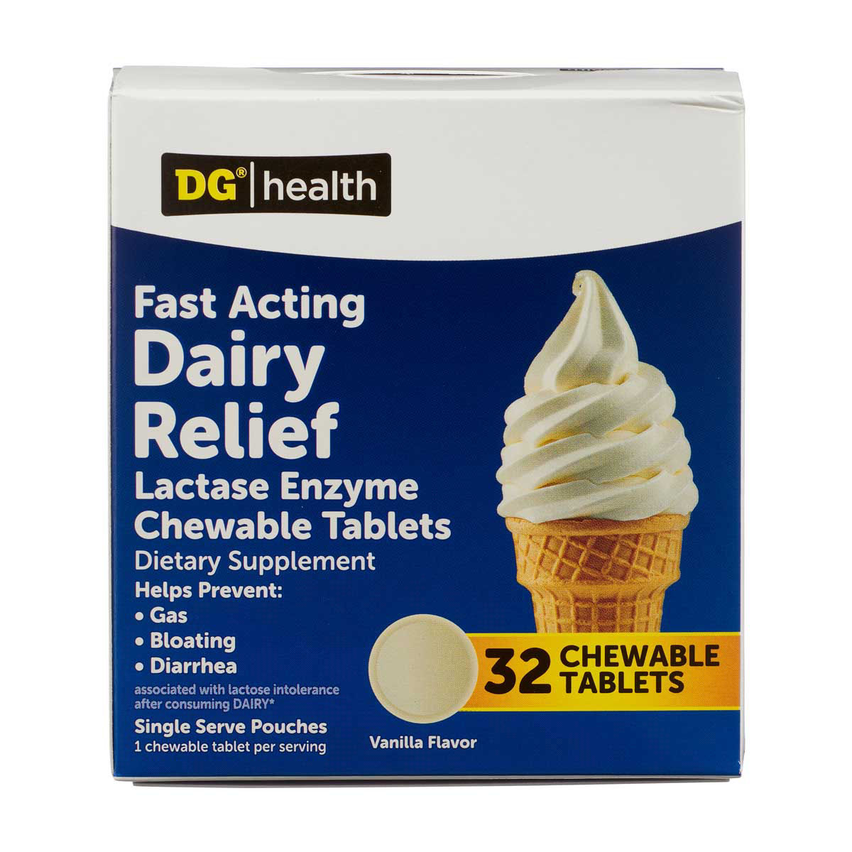 DG Health Fast Acting Dairy Relief Lactase Enzyme Chewable Tablets, Vanilla Flavor, 32 ct