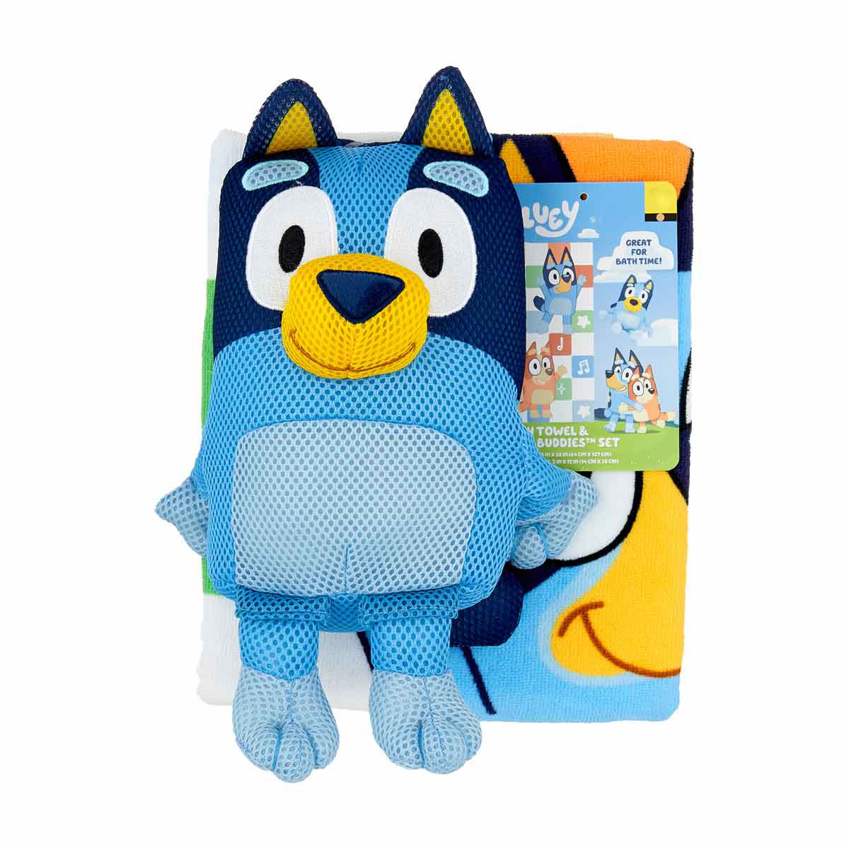 Bluey Checkered Print Bath Towel with Bath Buddy Plush Set