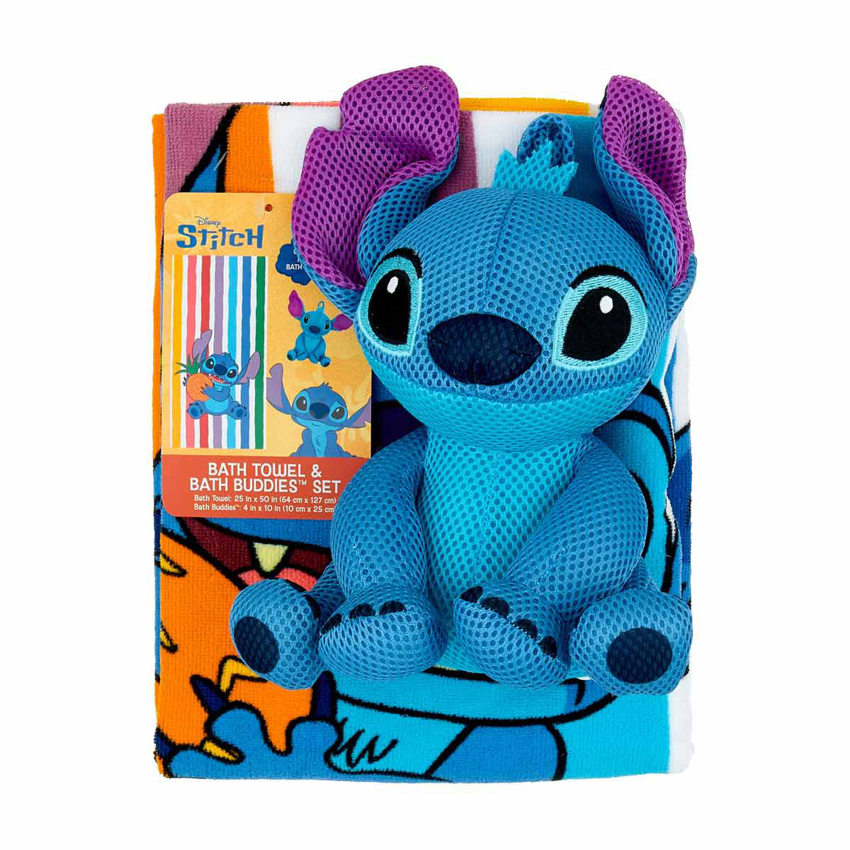 Disney Stitch Striped Bath Towel with Bath Buddy Plush Set