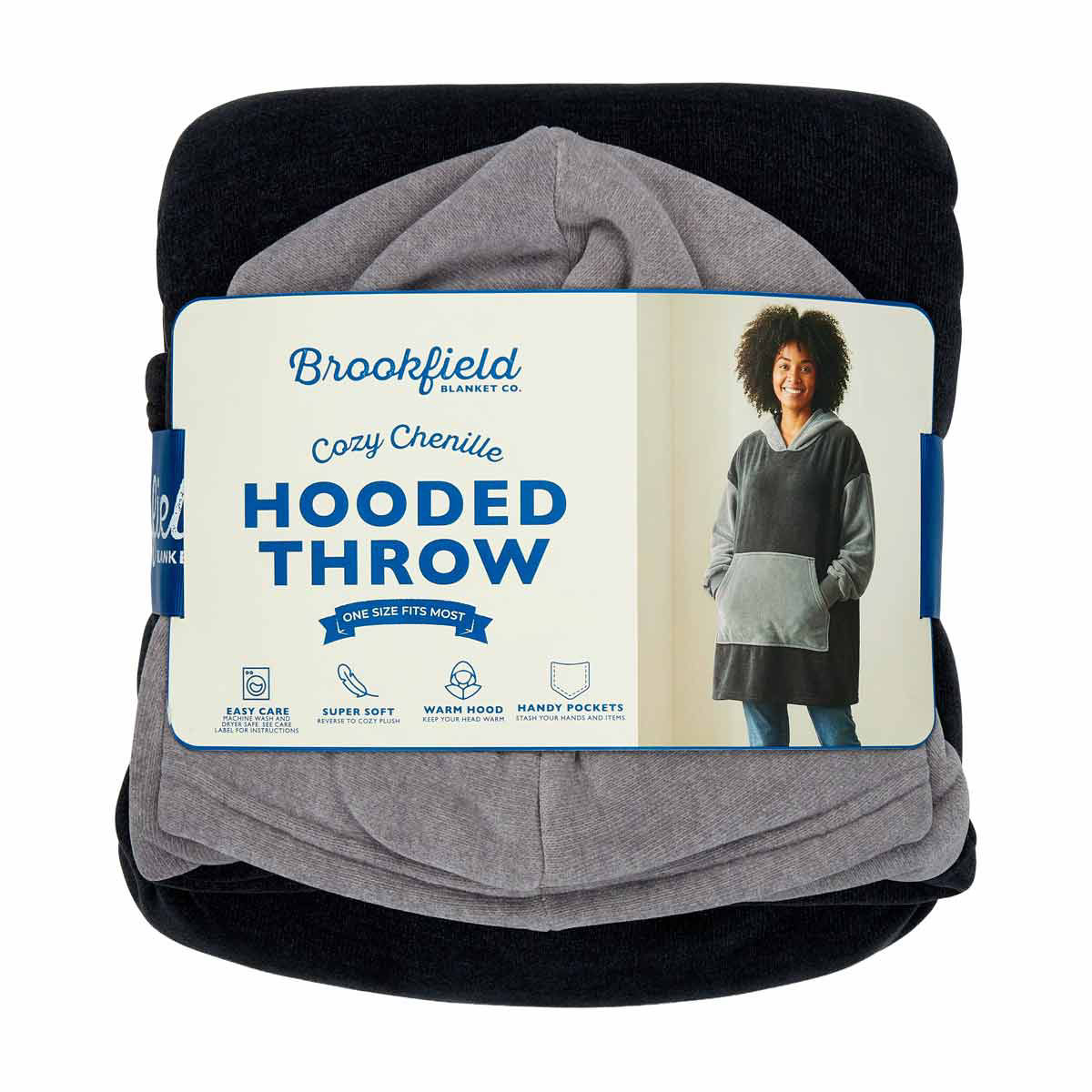 Brookfield Hooded Plush Throw Blanket, Black