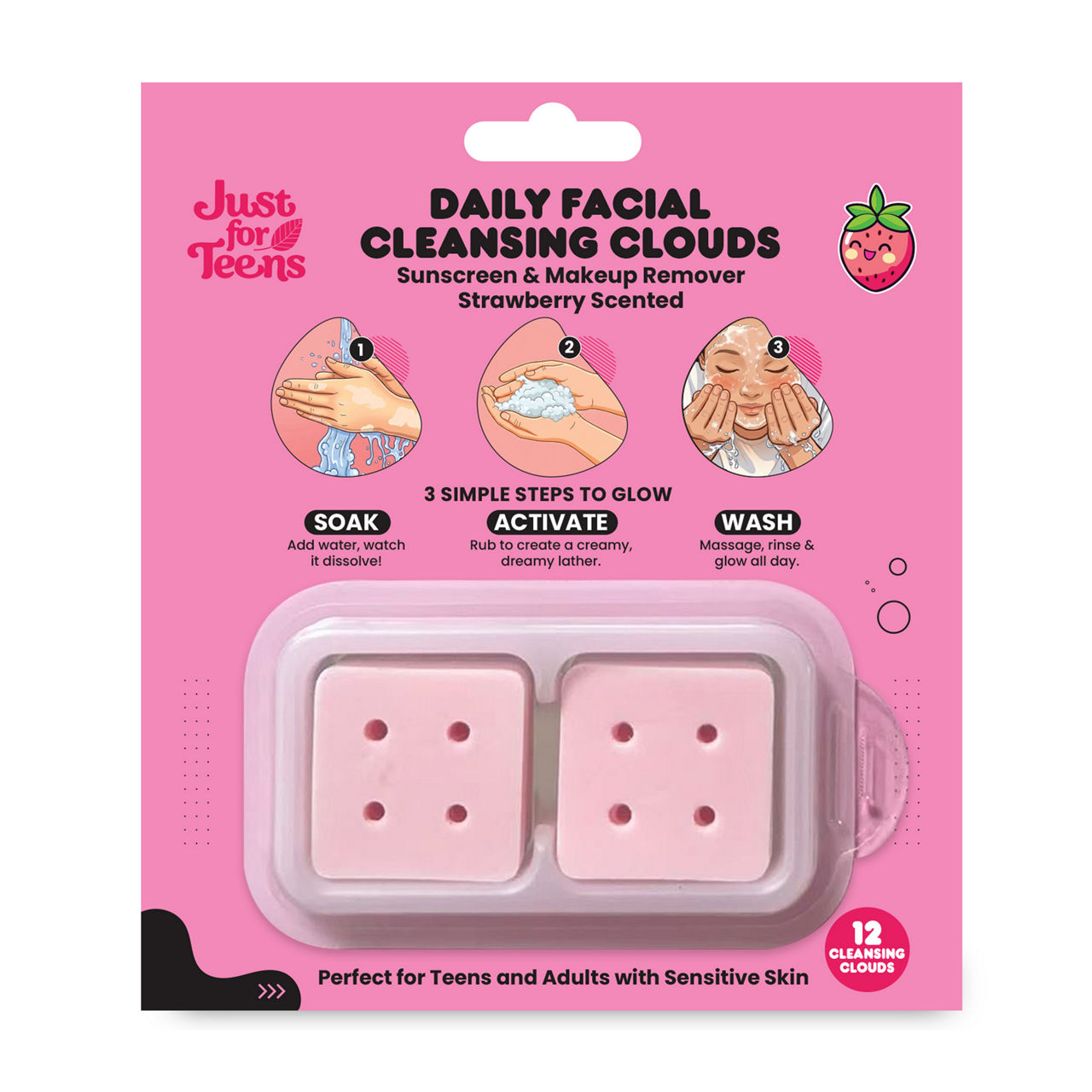 Just for Teens Daily Cleansing Clouds Sunscreen and Makeup Remover - Strawberry Scented