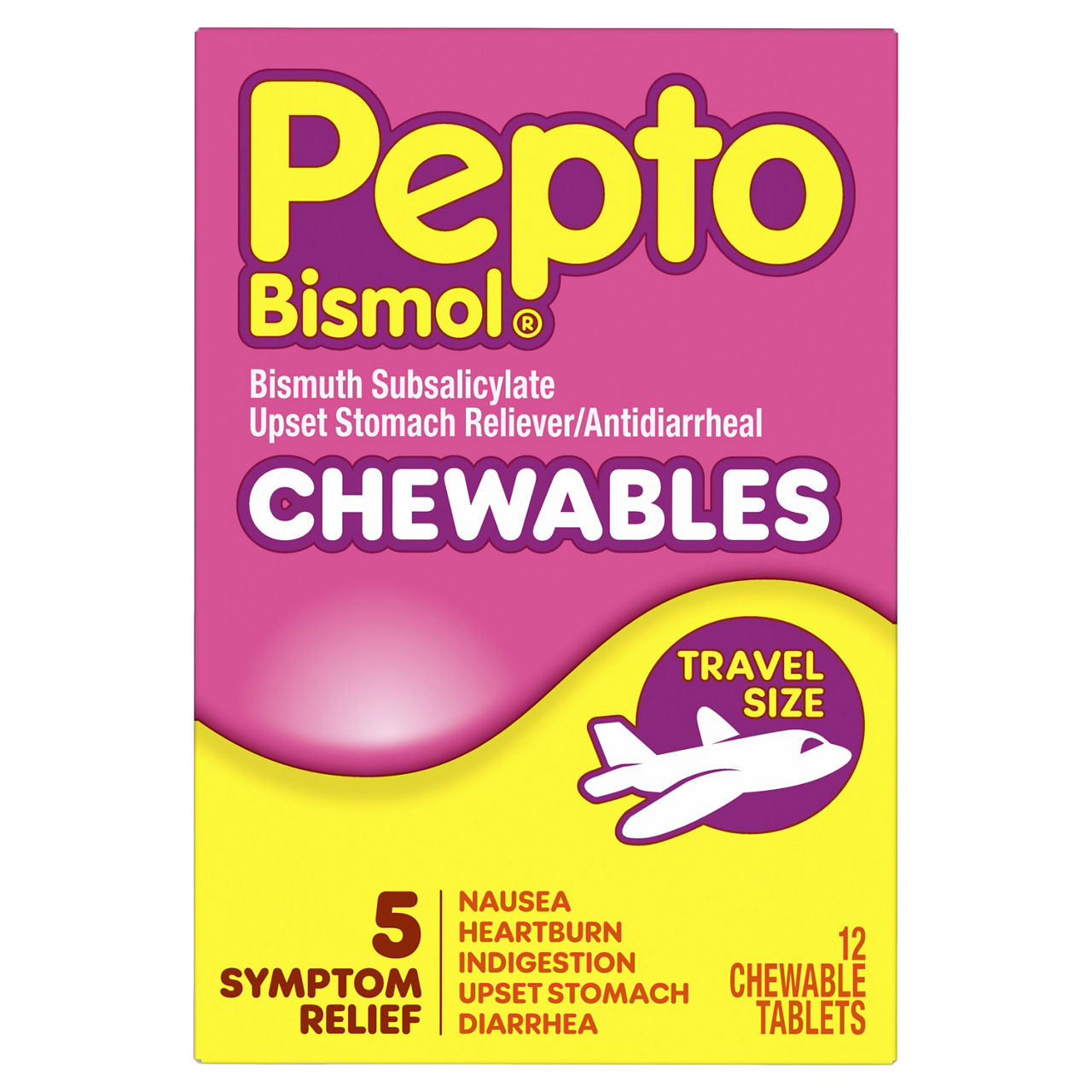 Pepto Bismol Travel Chewable Tablets for Nausea, Heartburn, Indigestion, Upset Stomach, Diarrhea, Cherry Flavored, 12ct.